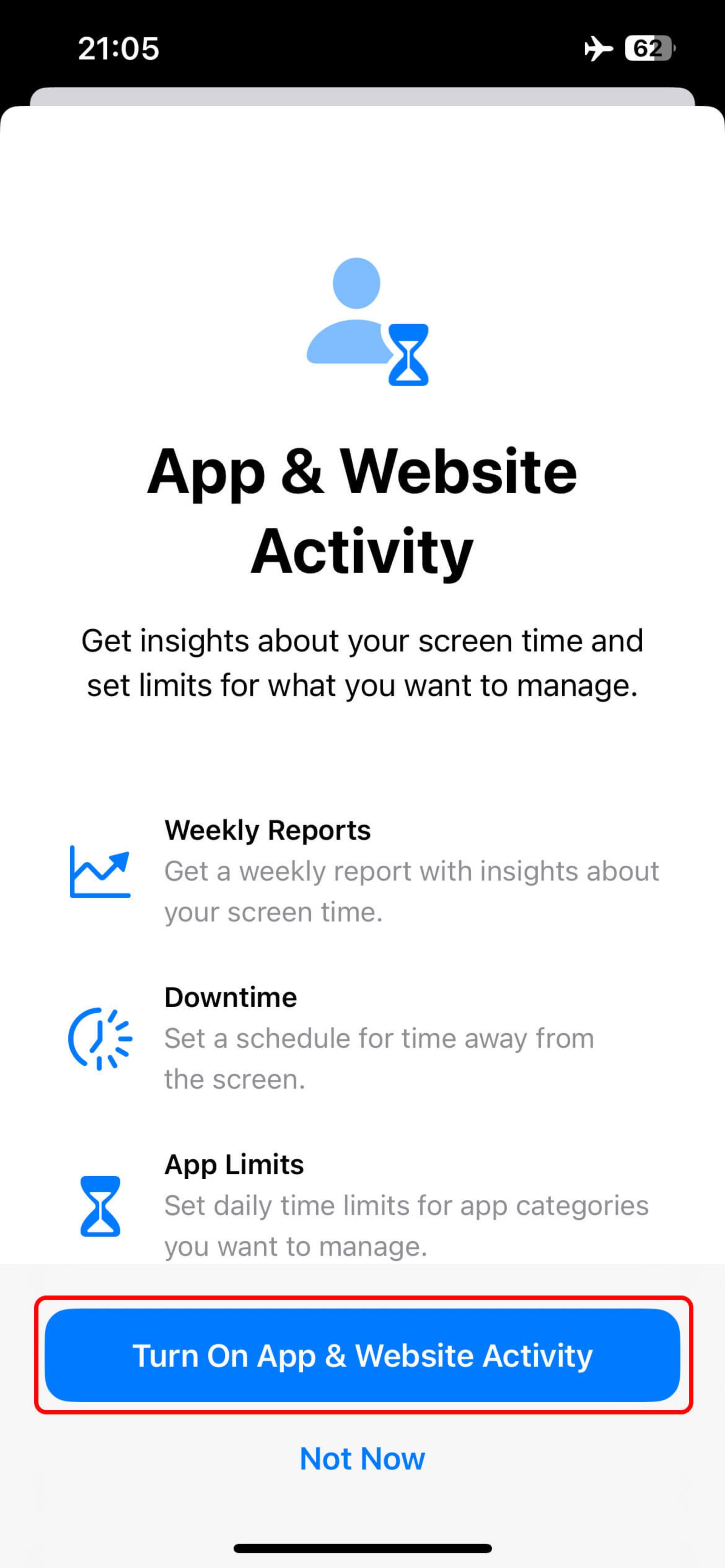 انتخاب دکمه Turn On App & Website Activity