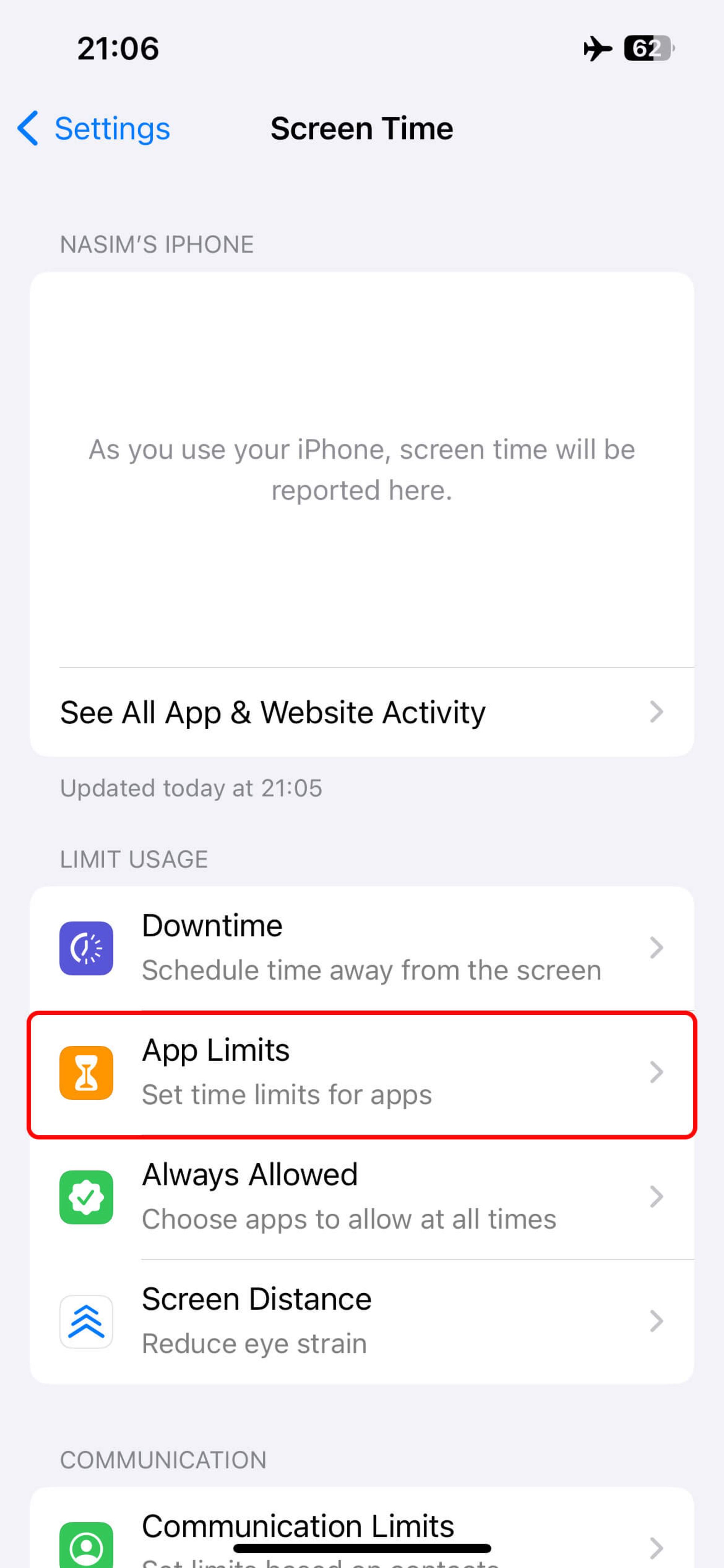 انتخاب App Limits در آیفون