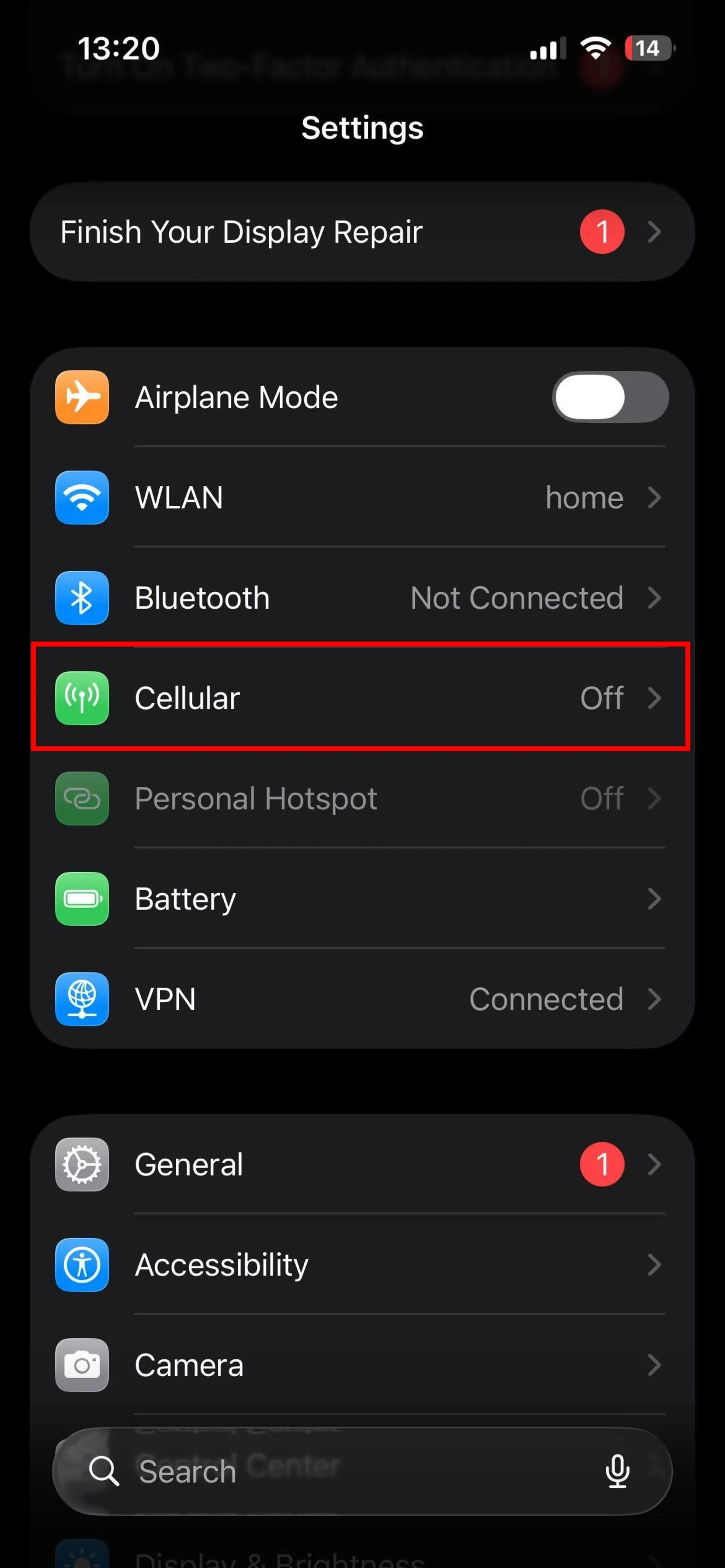 تنظیمات آیقون و گزینه Cellular