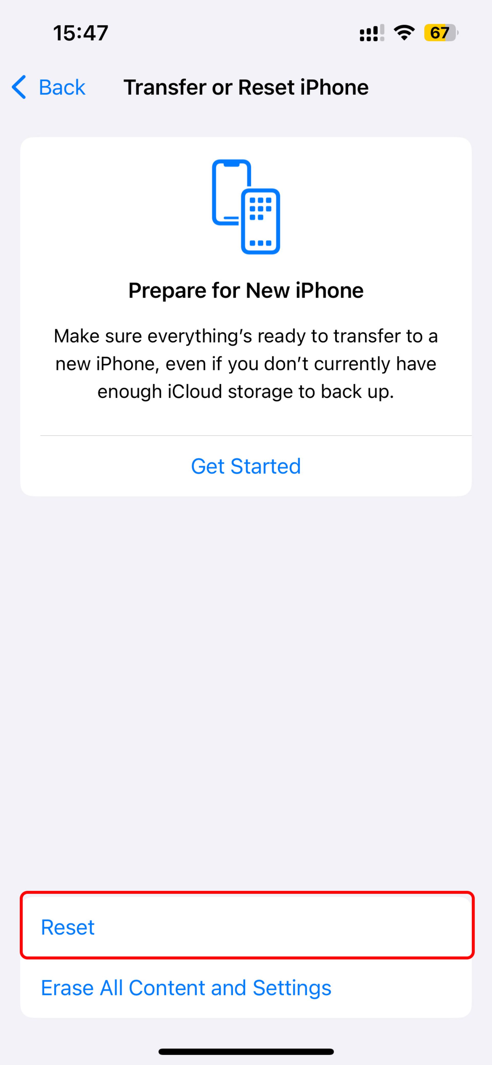 صفحه Transfer or Reset iPhone آیفون