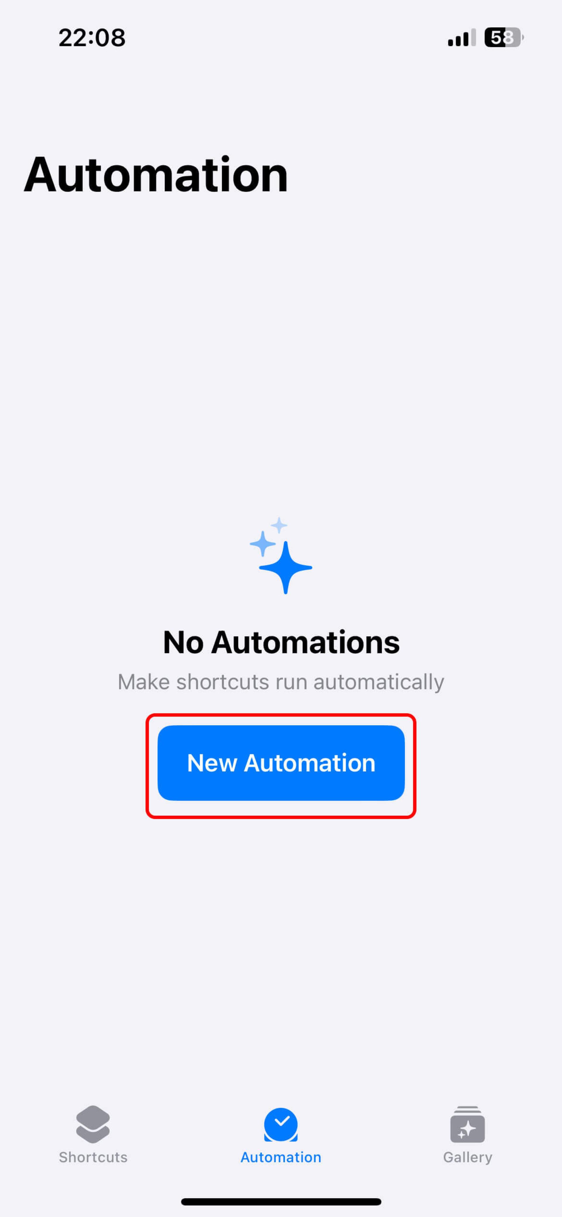انتخاب Create New Automation در اپلیکیشن شورتکات