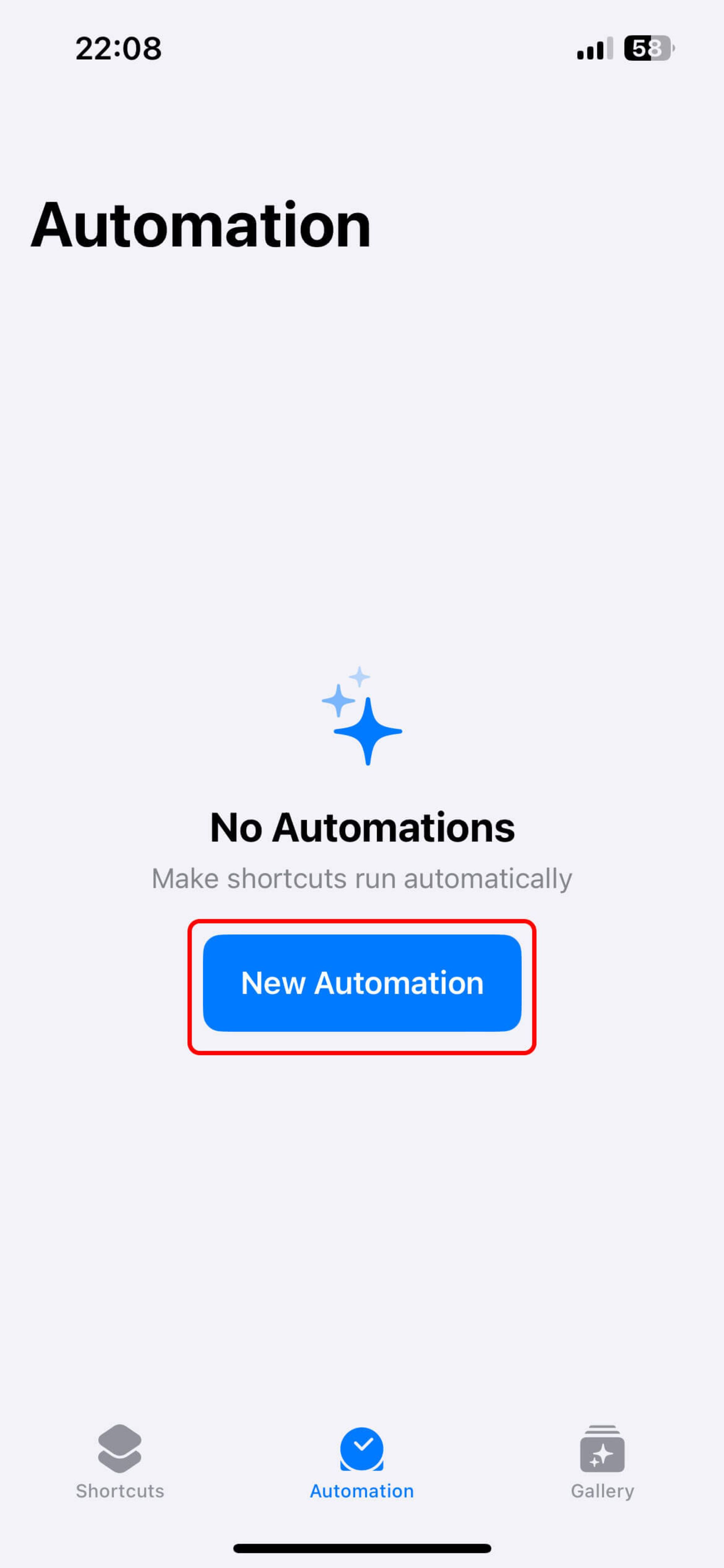 انتخاب Create New Automation در اپلیکیشن شورتکات