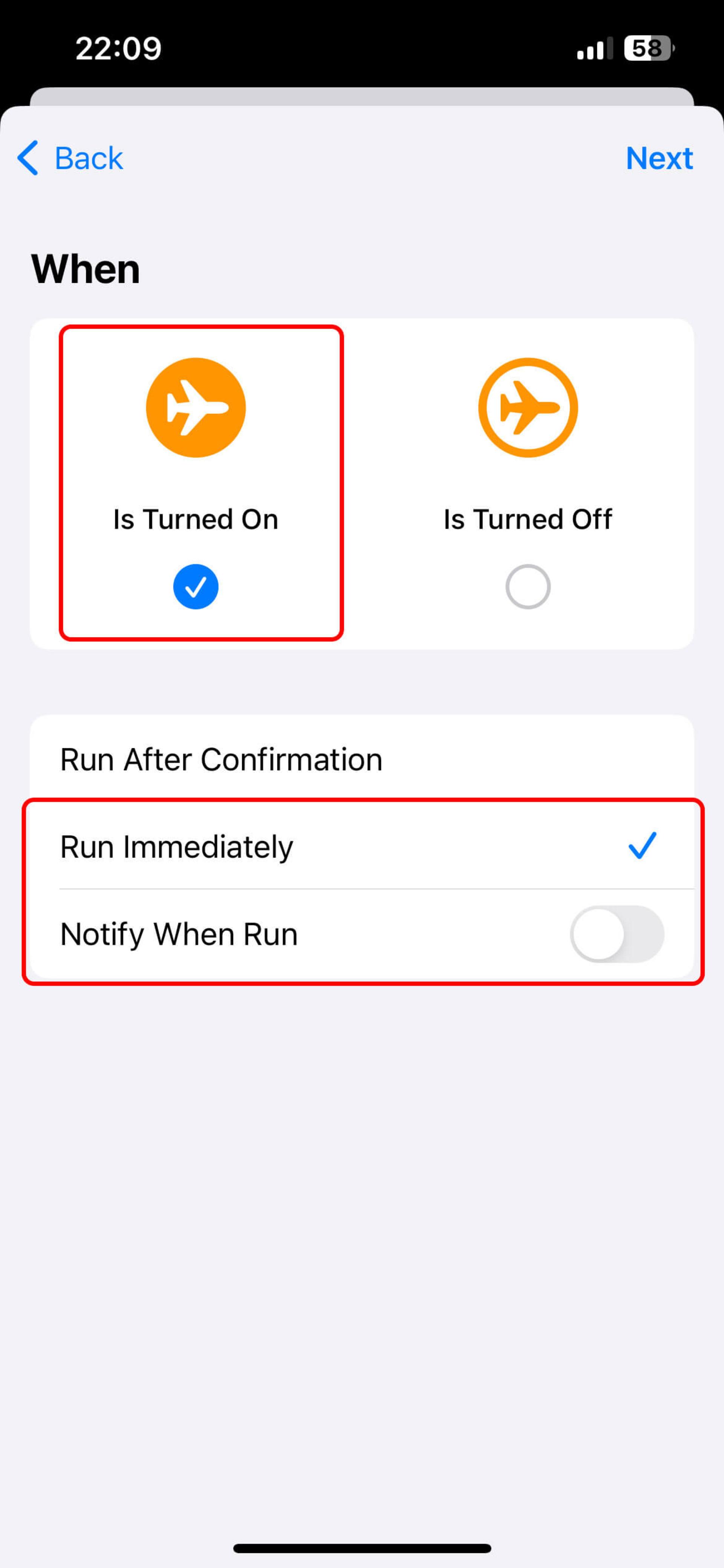 قرار دادن Airplane Mode روی گزینه‌ Is Turned On و Run Immediately
