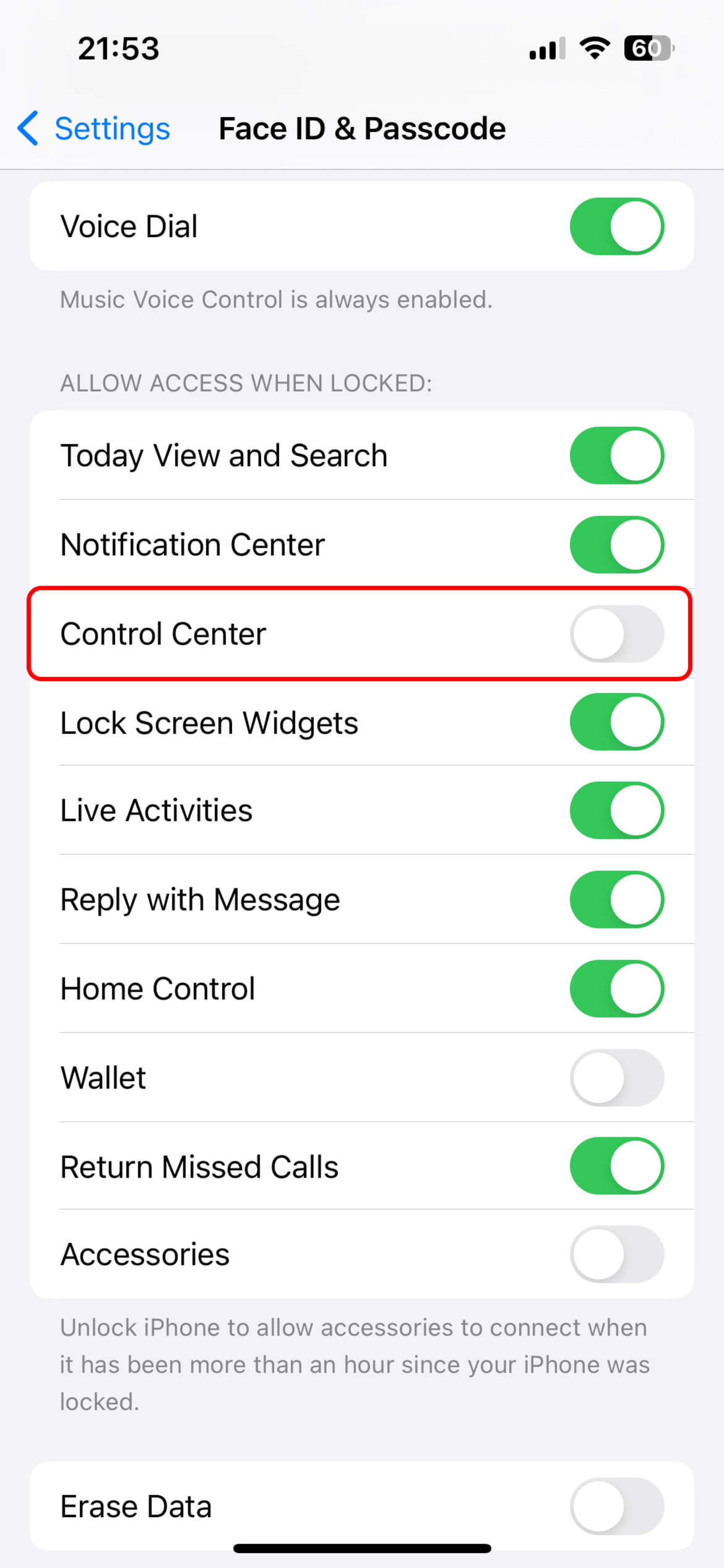 صفحه Face ID & Passcode و غیر فعال کردن Control Center
