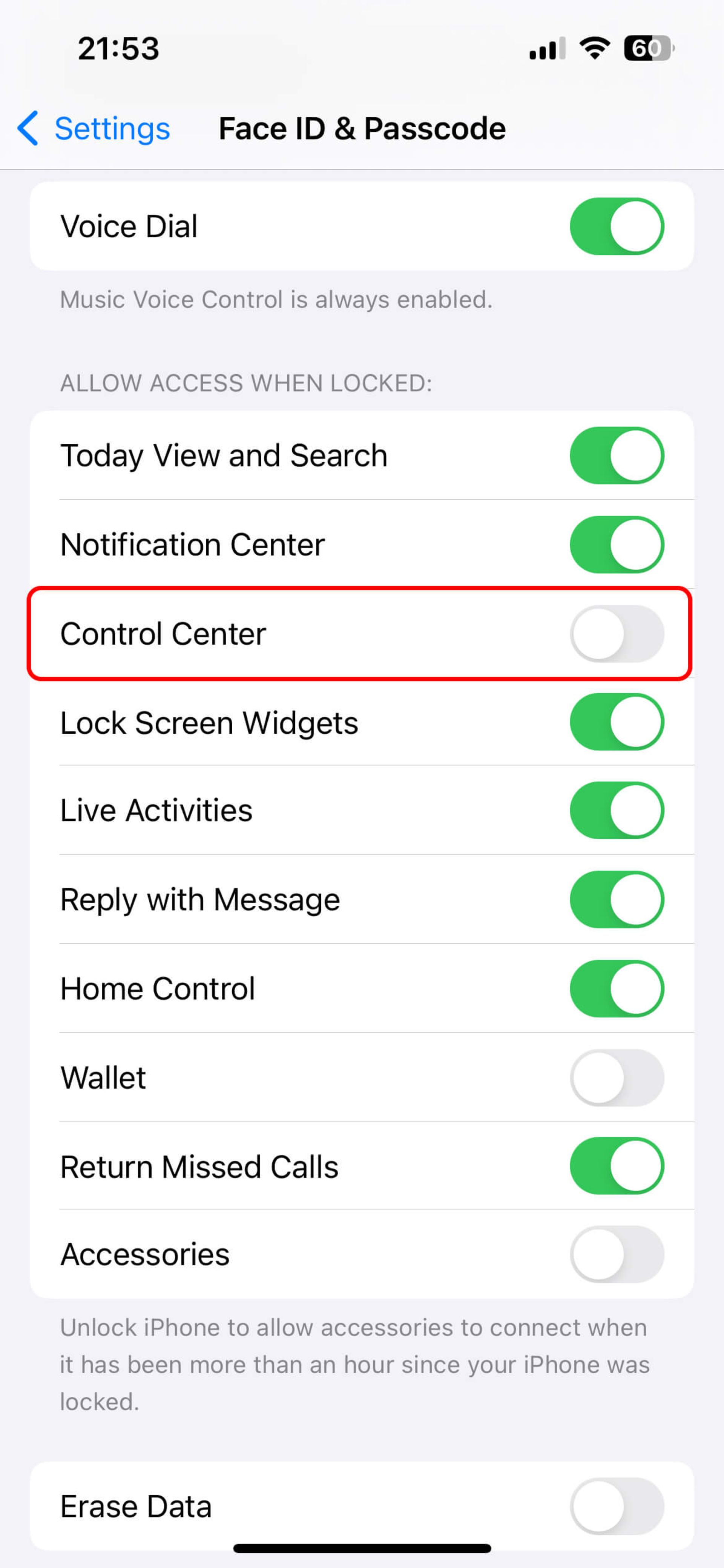 صفحه Face ID & Passcode و غیر فعال کردن Control Center