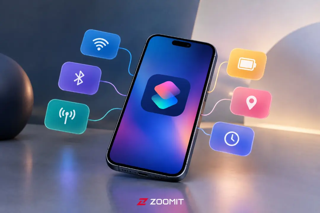 برنامه Shortcuts (Shortcuts) آیفون در کنار آیکون‌های وای‌فای، بلوتوث و باتری
