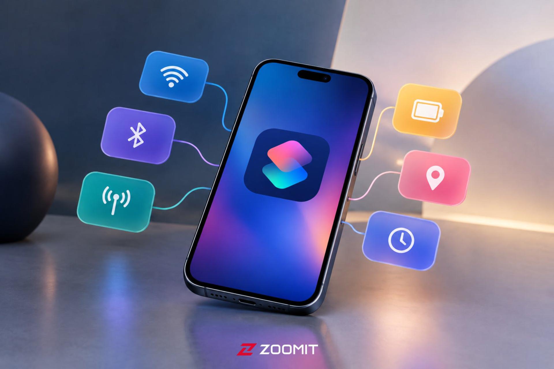 برنامه Shortcuts (Shortcuts) آیفون در کنار آیکون‌های وای‌فای، بلوتوث و باتری