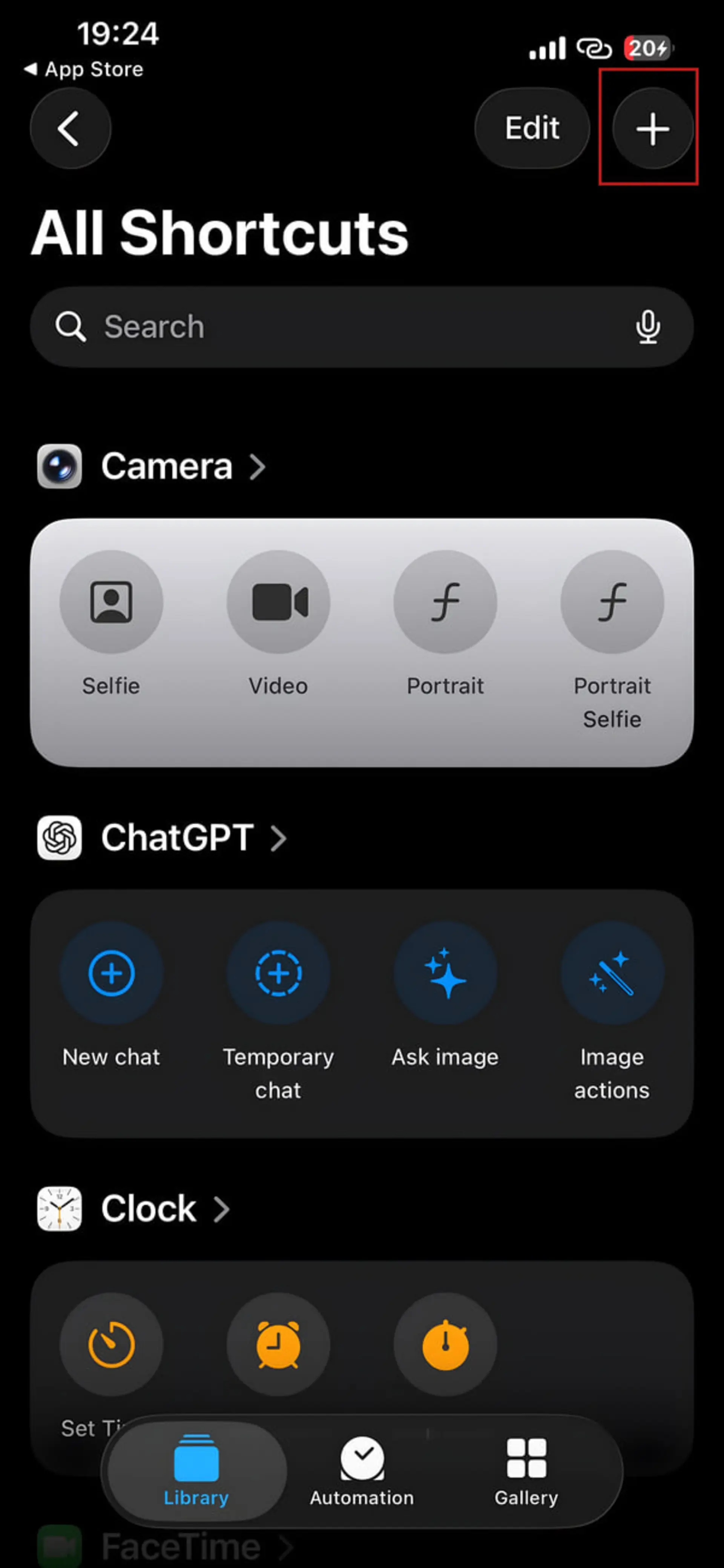 منوی اپلیکیشن میانبرهای (Shortcuts) آیفون با دسته‌بندی‌های دوربین و ChatGPT