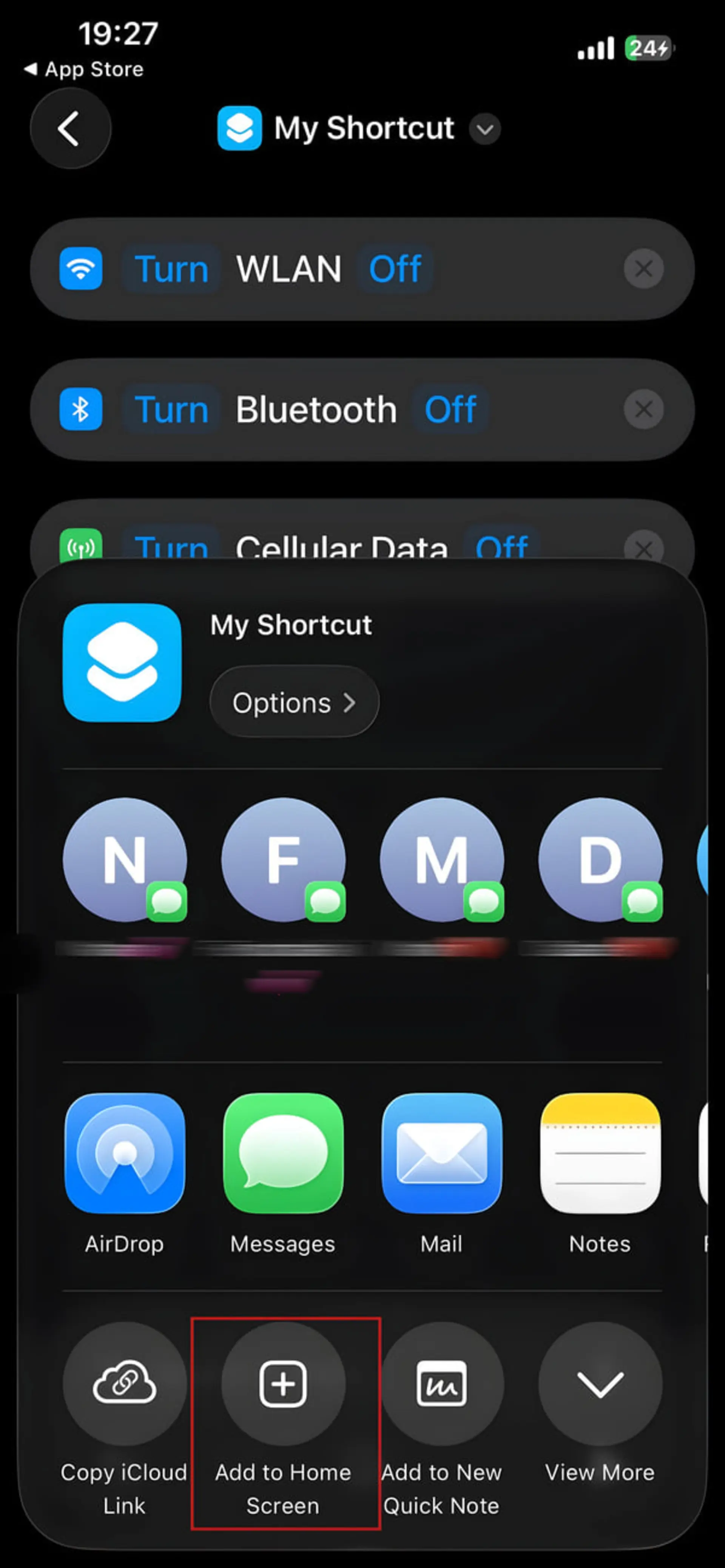 منوی تنظیمات برنامه Shortcuts در گوشی آیفون برای خاموش کردن وای‌فای و بلوتوث