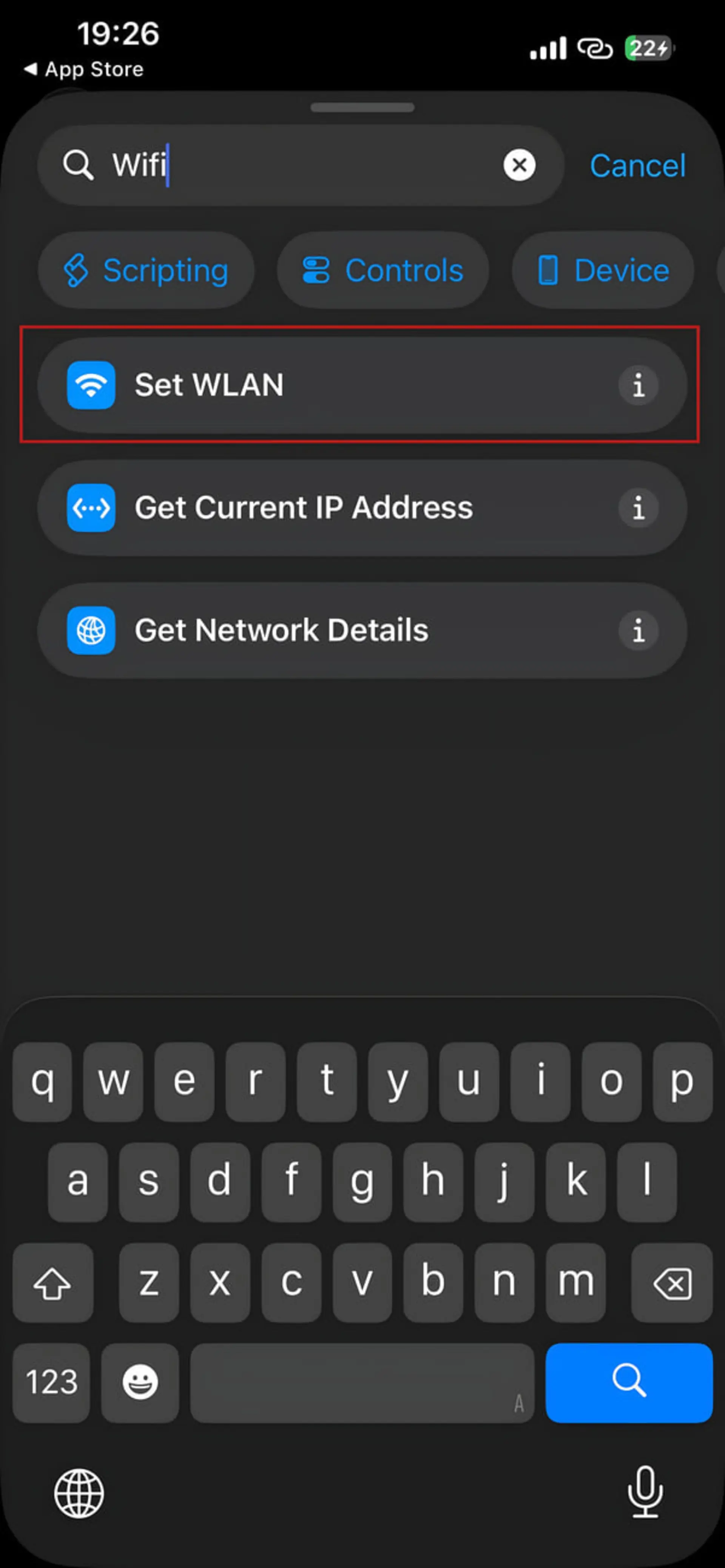 گزینه Set WLAN در اپلیکیشن Shortcuts آیفون برای مدیریت شبکه