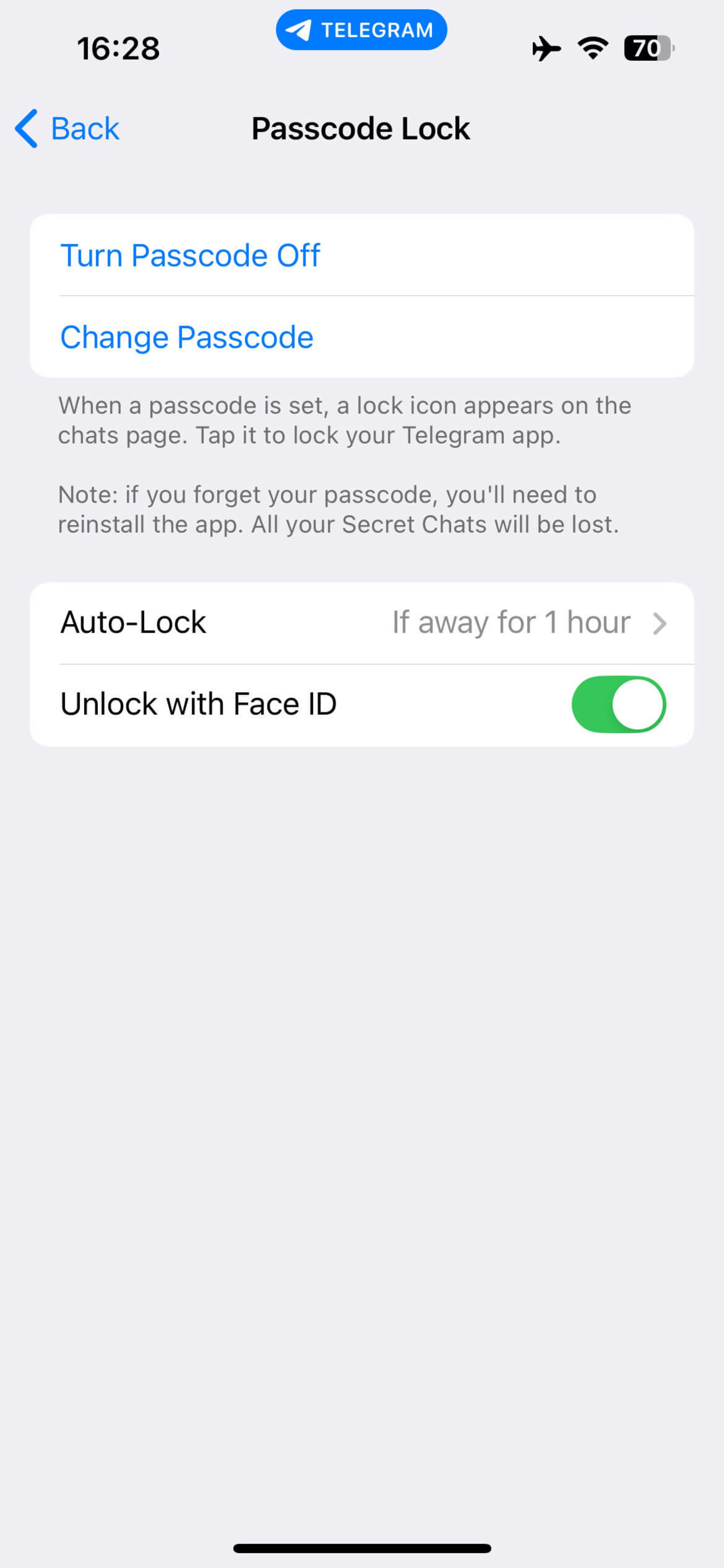 صفحه passcode lock در تلگرام آیفون