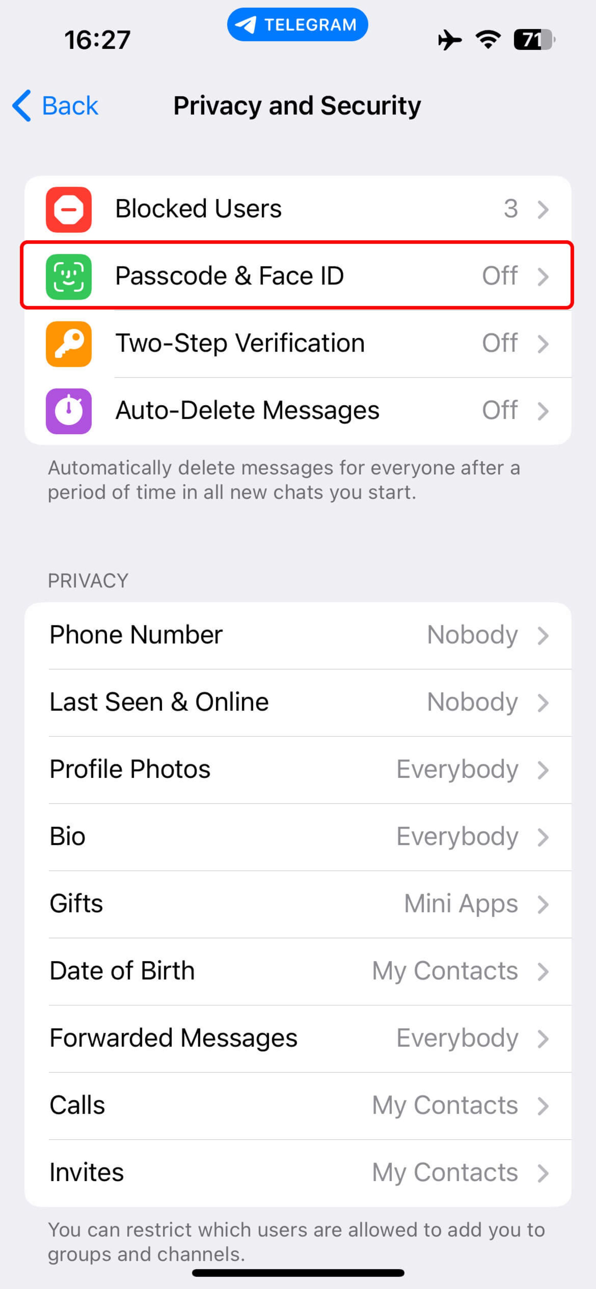 Privacy and Security تلگرام آیفون