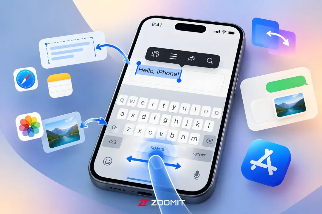 نمای گرافیکی از قابلیت‌های تایپ و کپی کردن متن و عکس در آیفون (iPhone)