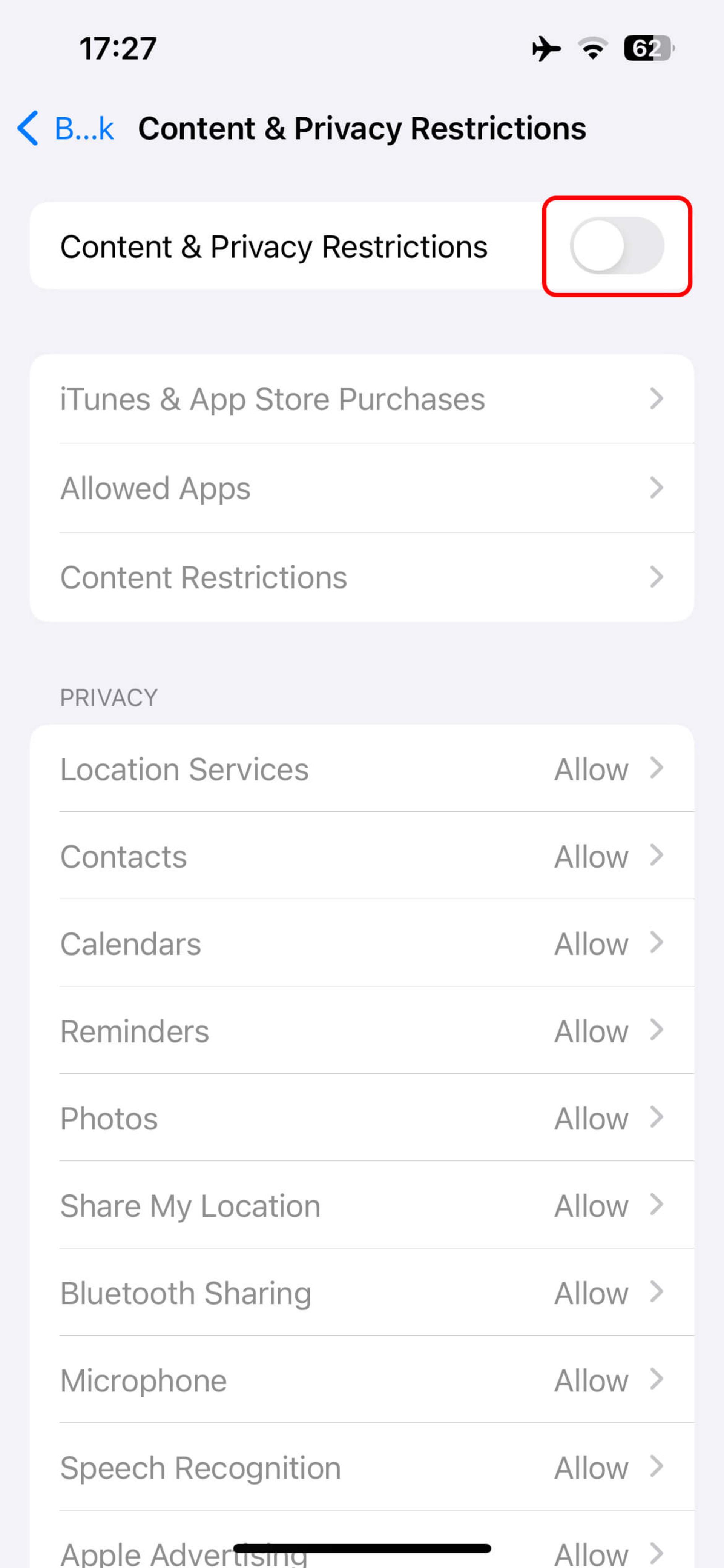 روشن کردن Content & Privacy Restrictions در آیفون