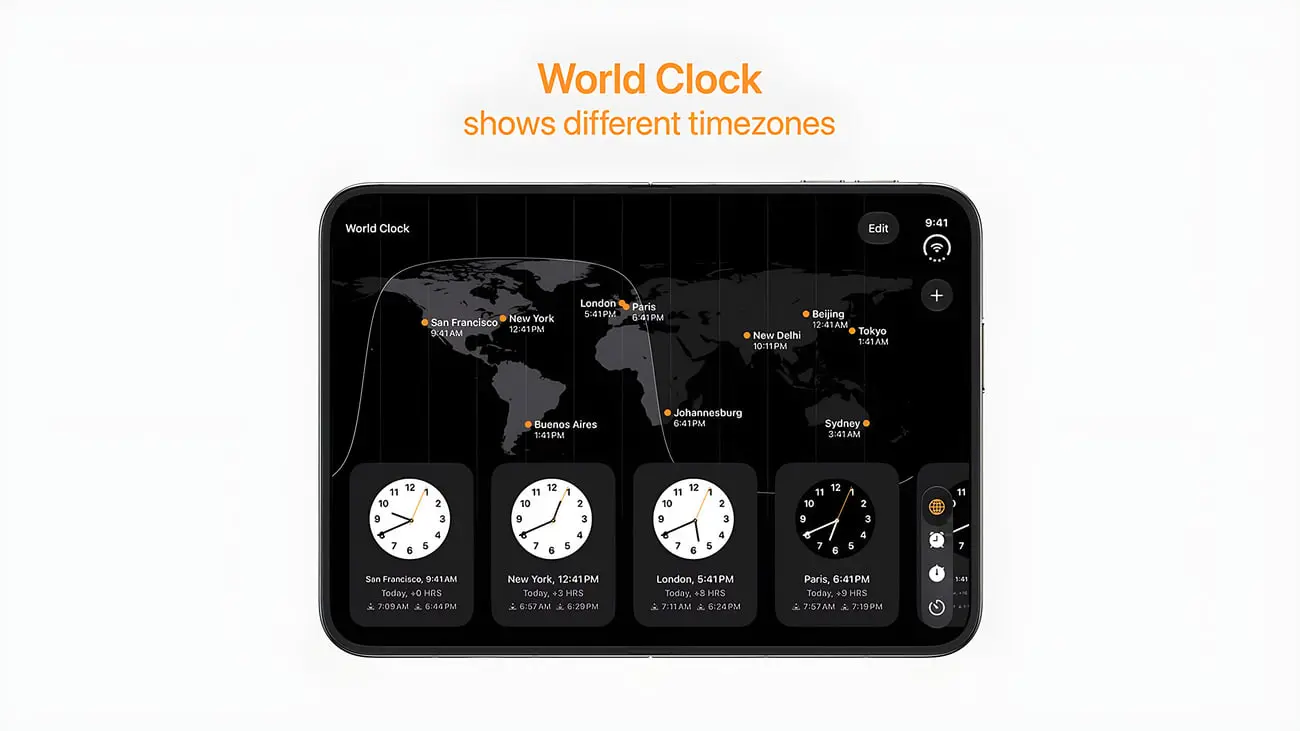 رابط کاربری اپلیکیشن ساعت جهانی (World Clock) در گوشی آیفون دوئو