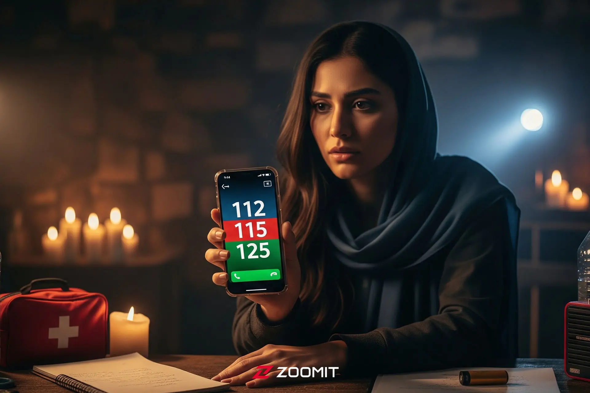 تصویر هوش مصنوعی از زنی با گوشی و شماره‌ های اضطراری