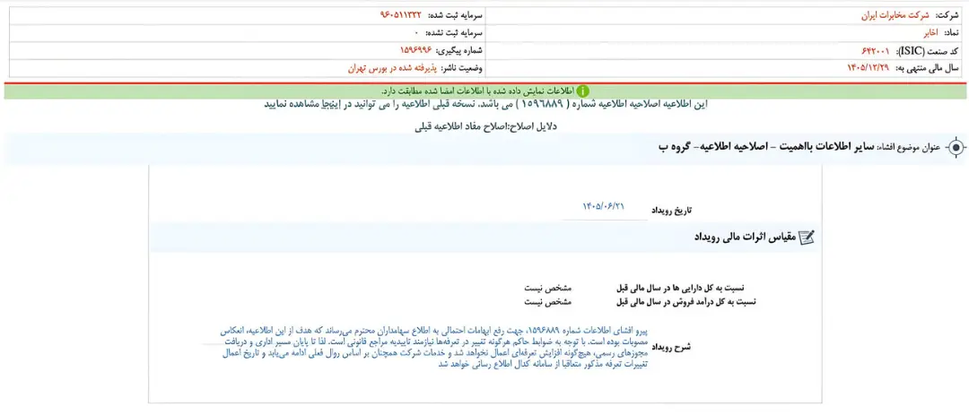 متن اطلاعیه اصلاحیه شرکت مخابرات ایران (TCI) درباره تعرفه‌های تماس