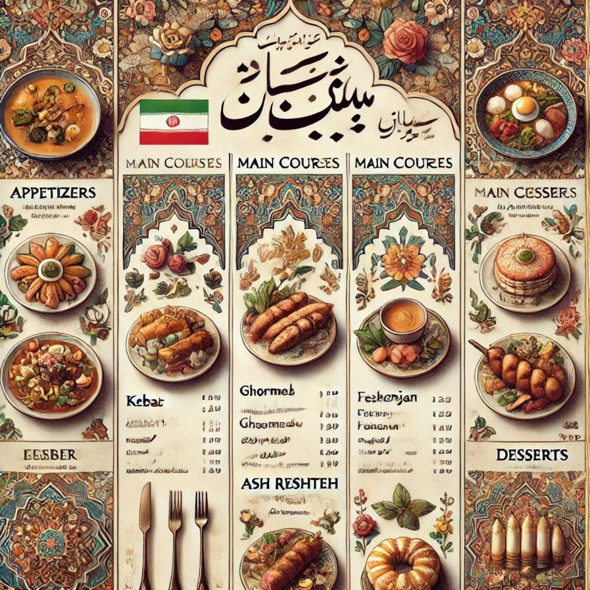 Iranian restaurant menu by DALL-E