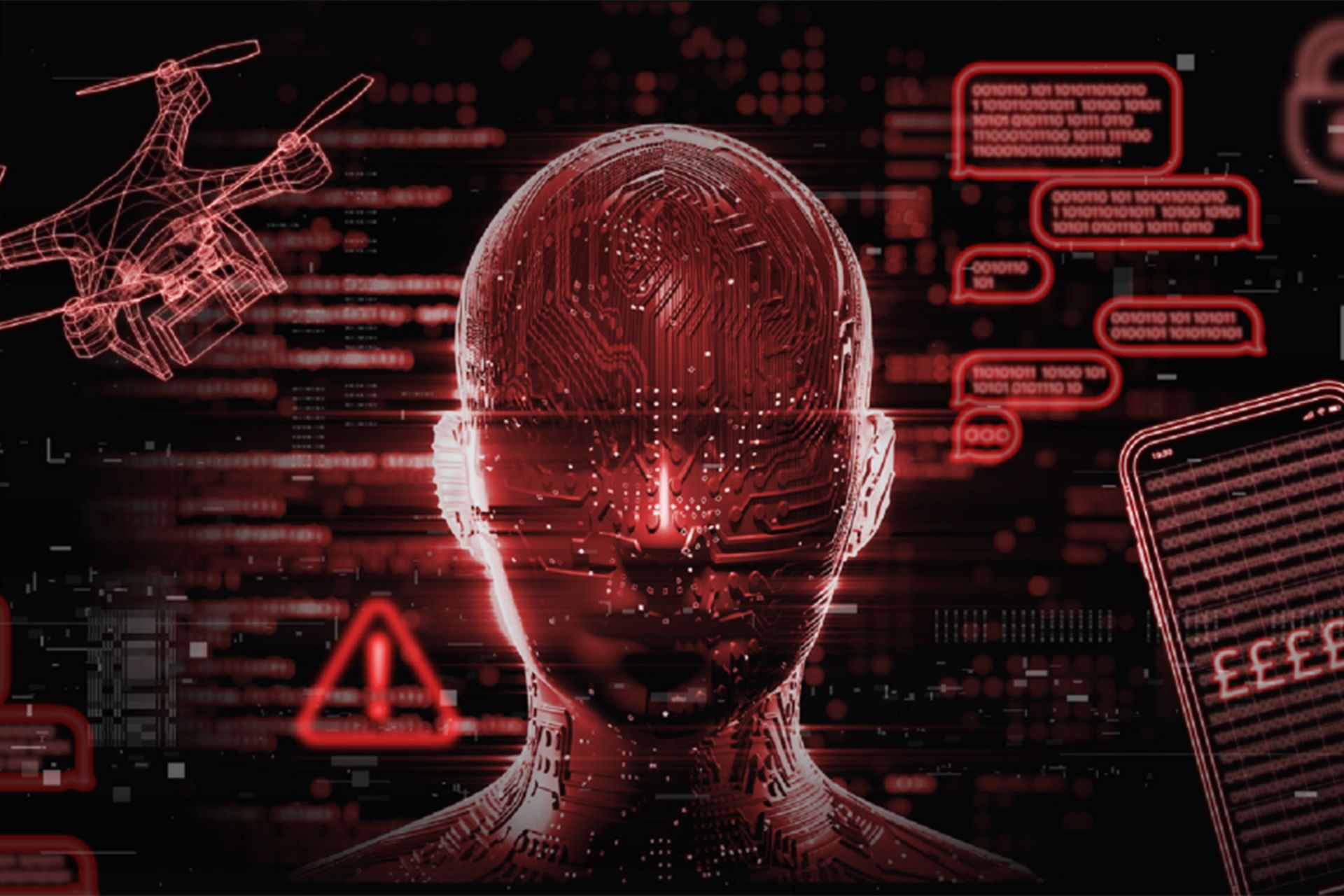 تصویری از یک ربات انسان نما در پس زمینه سیاه و قرمز