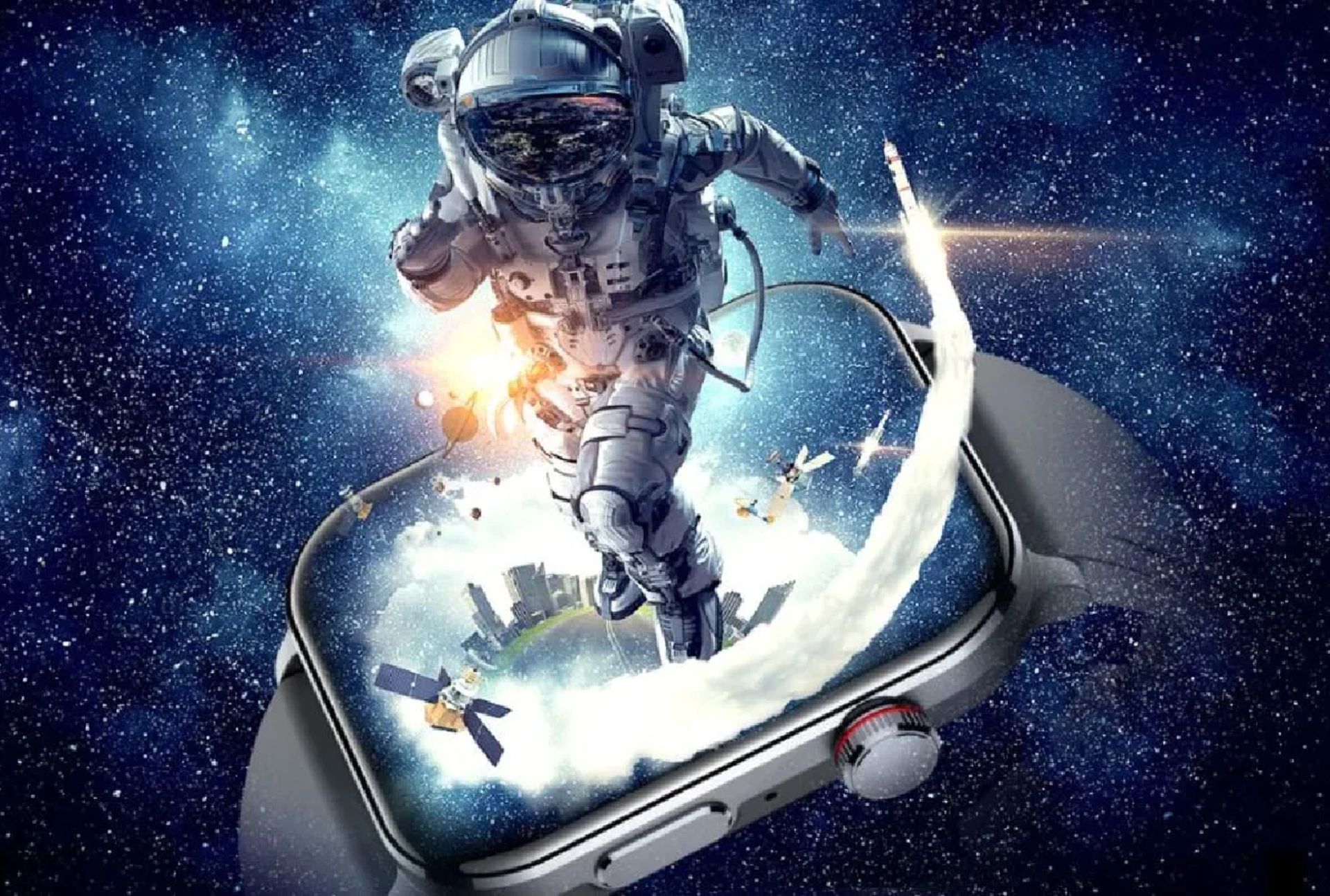 فضانورد در حال بیرون آمدن از ساعت هوشمند آیکون ۳ 