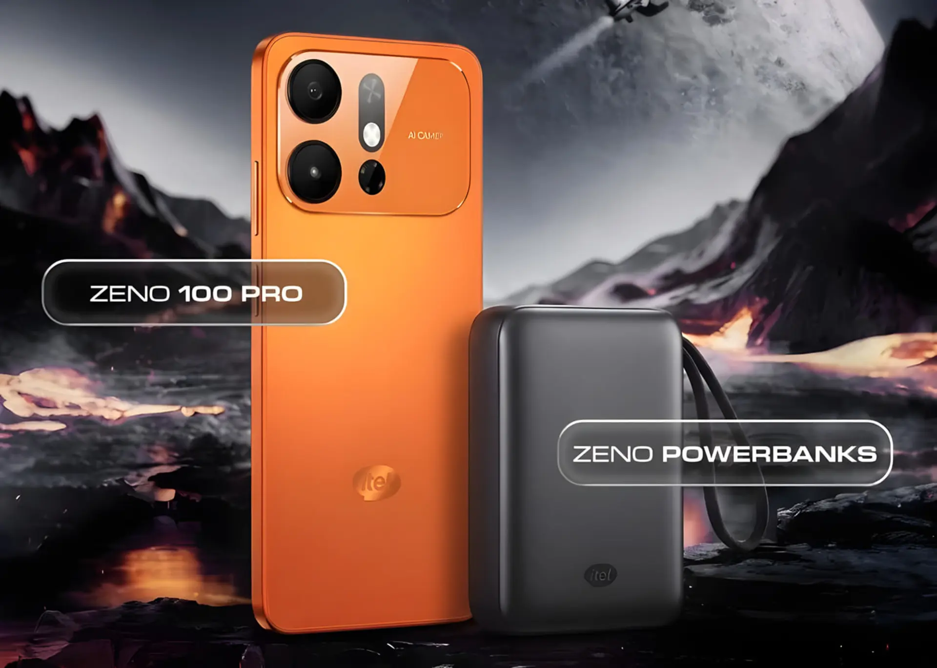 نمای تبلیغاتی از گوشی نارنجی رنگ itel Zeno 100 Pro در کنار یک پاوربانک مشکی برند itel در پس‌زمینه‌ای کوهستانی و تخیلی.