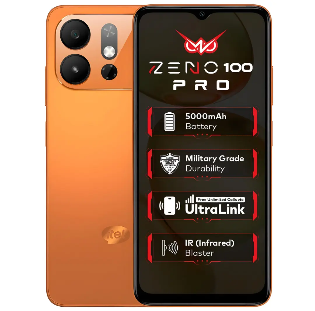 نمای پشت و جلوی گوشی هوشمند itel مدل ZENO 100 PRO با رنگ نارنجی و نمایش ویژگی‌های فنی روی صفحه