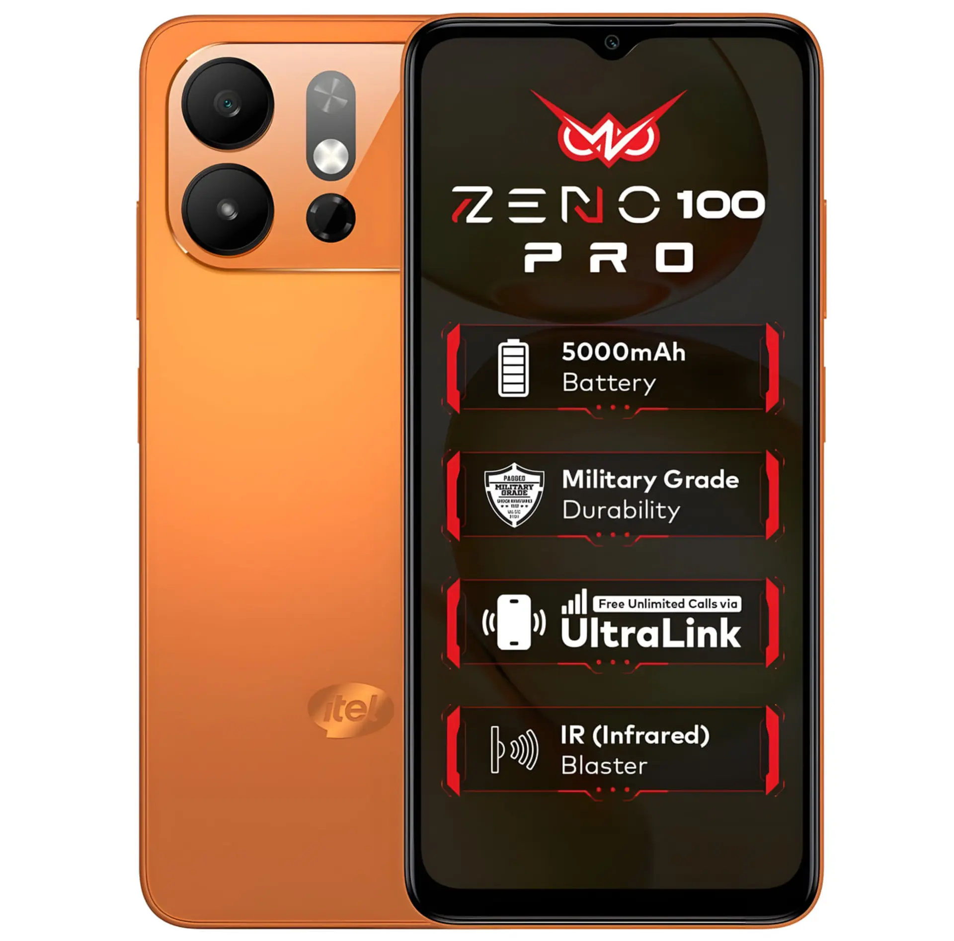 نمای پشت و جلوی گوشی هوشمند itel مدل ZENO 100 PRO با رنگ نارنجی و نمایش ویژگی‌های فنی روی صفحه