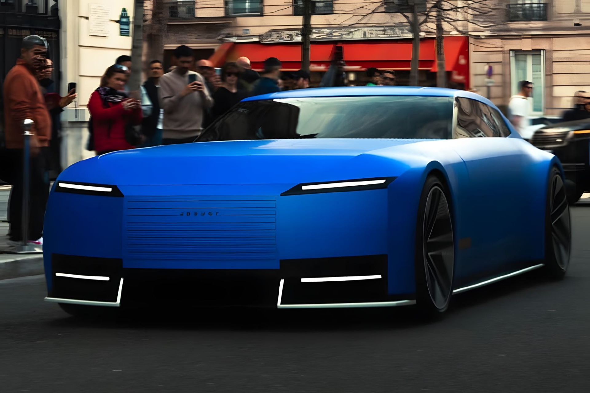 یک خودروی آبی رنگ از نمای سه رخ جلو