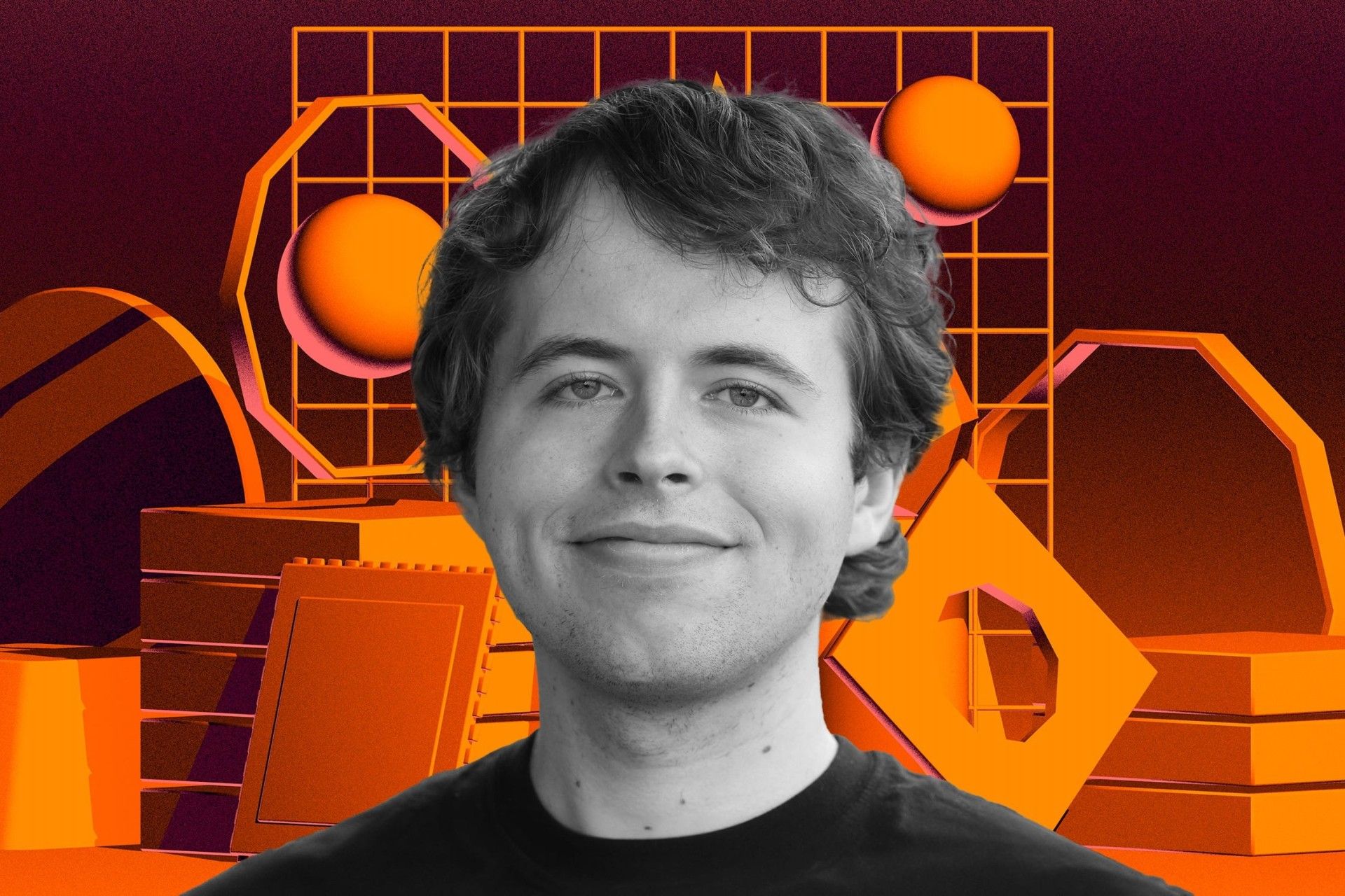 چهره‌ی مرد جوان در پس‌زمینه‌ی ابزارهای محاسبات