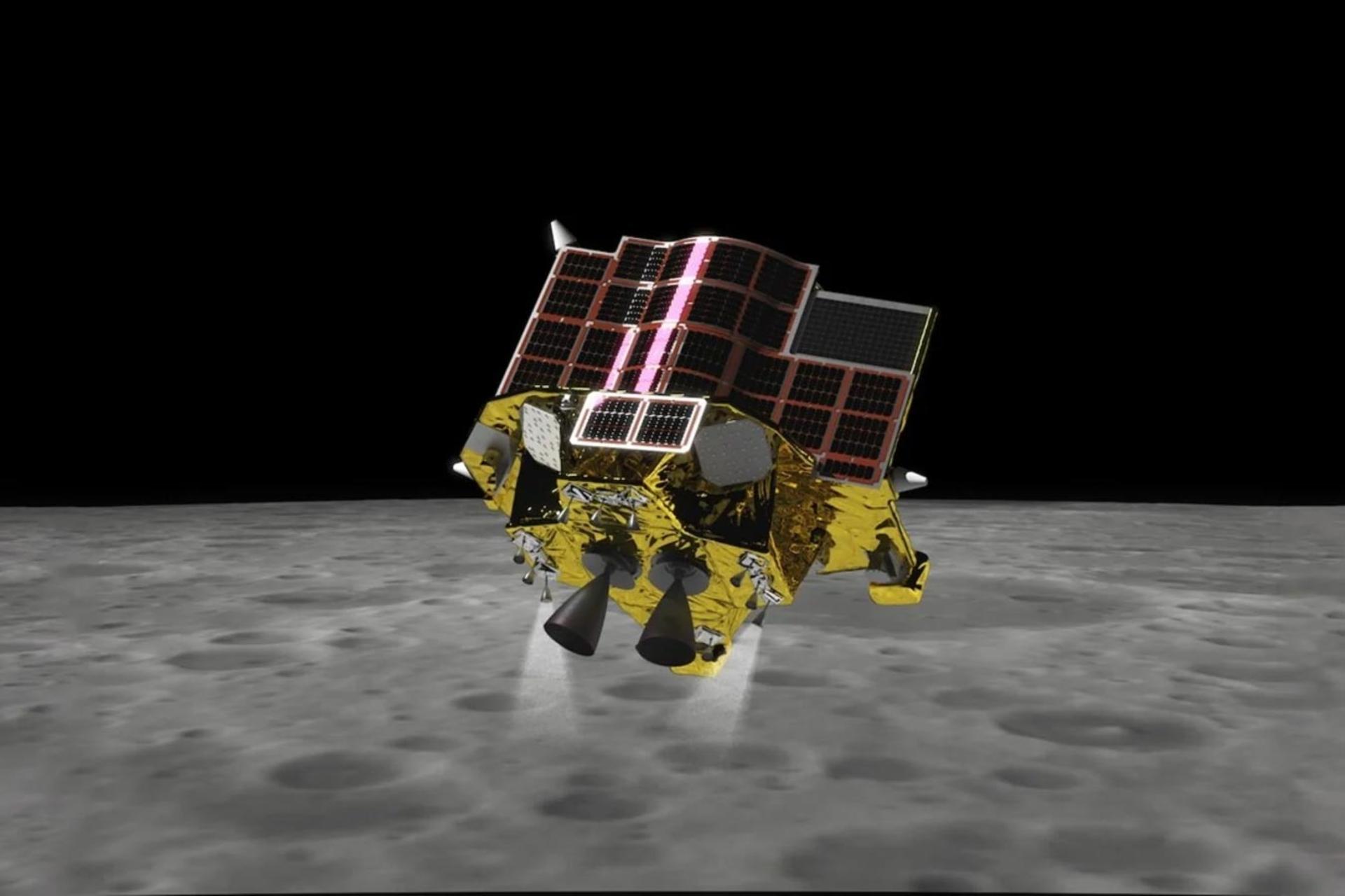 تصویرسازی از فضاپیمای ماه‌نشین اسلیم ژاپن برفراز ماه