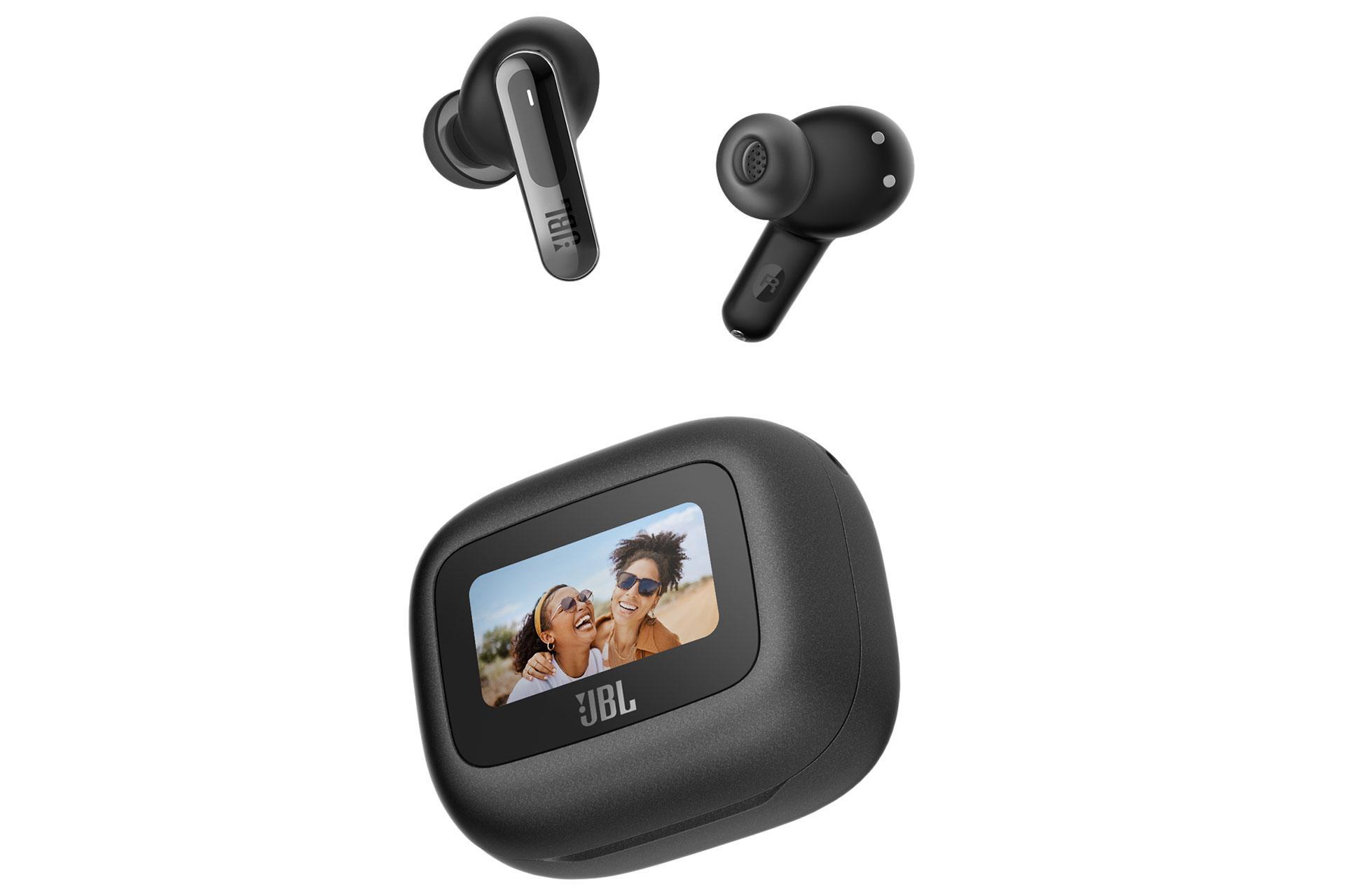 ایرباد JBL Live Beam 3 به رنگی مشکی در بالای کیس دارای صفحه نمایش  