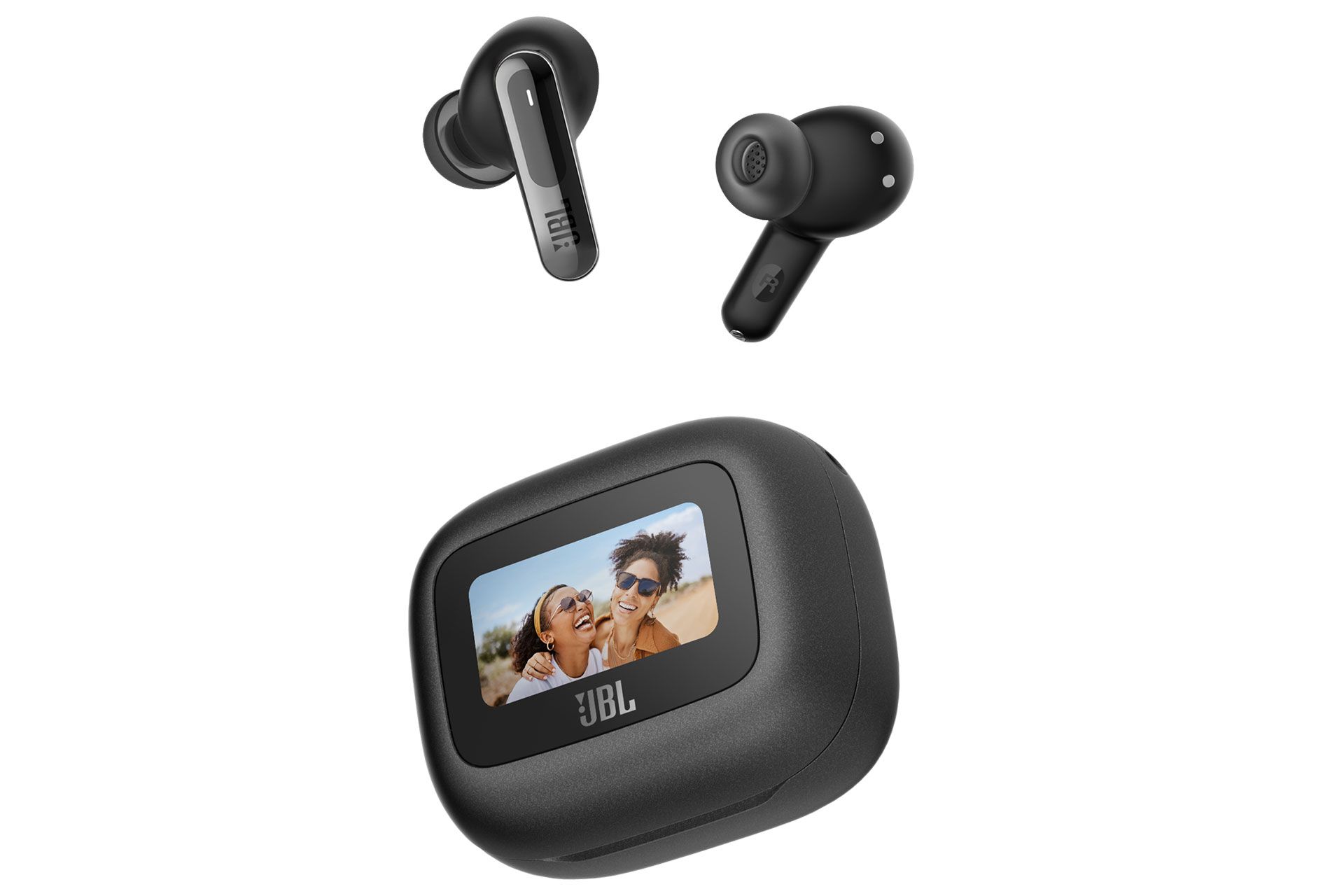 ایرباد JBL Live Beam 3 به رنگی مشکی در بالای کیس دارای صفحه نمایش  