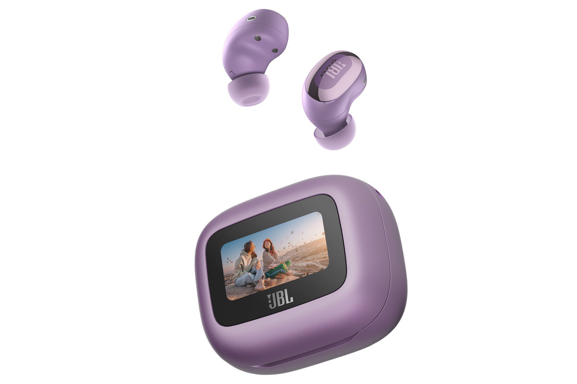 ایرباد JBL Live Buds 3 به رنگی بنفش در بالای کیس دارای صفحه نمایش  