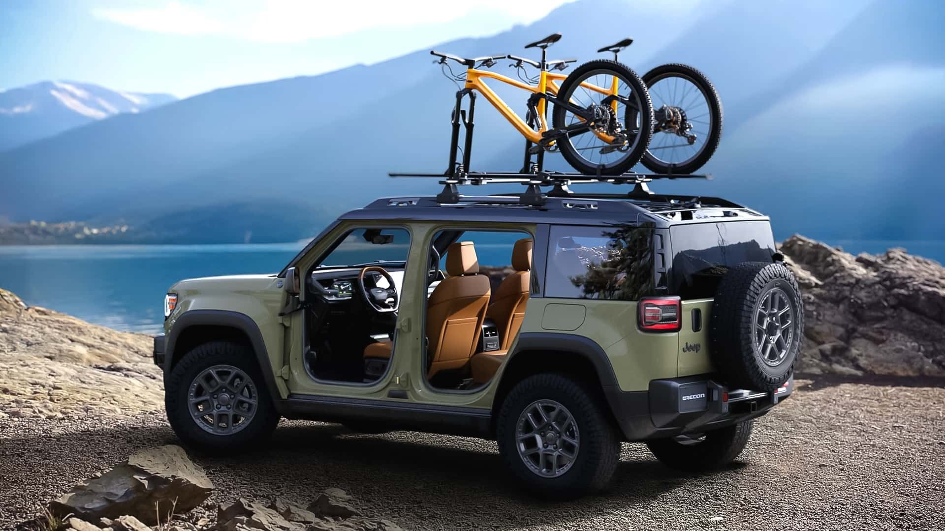 نمای سه‌چهارم عقب خودرو جیپ ریکان