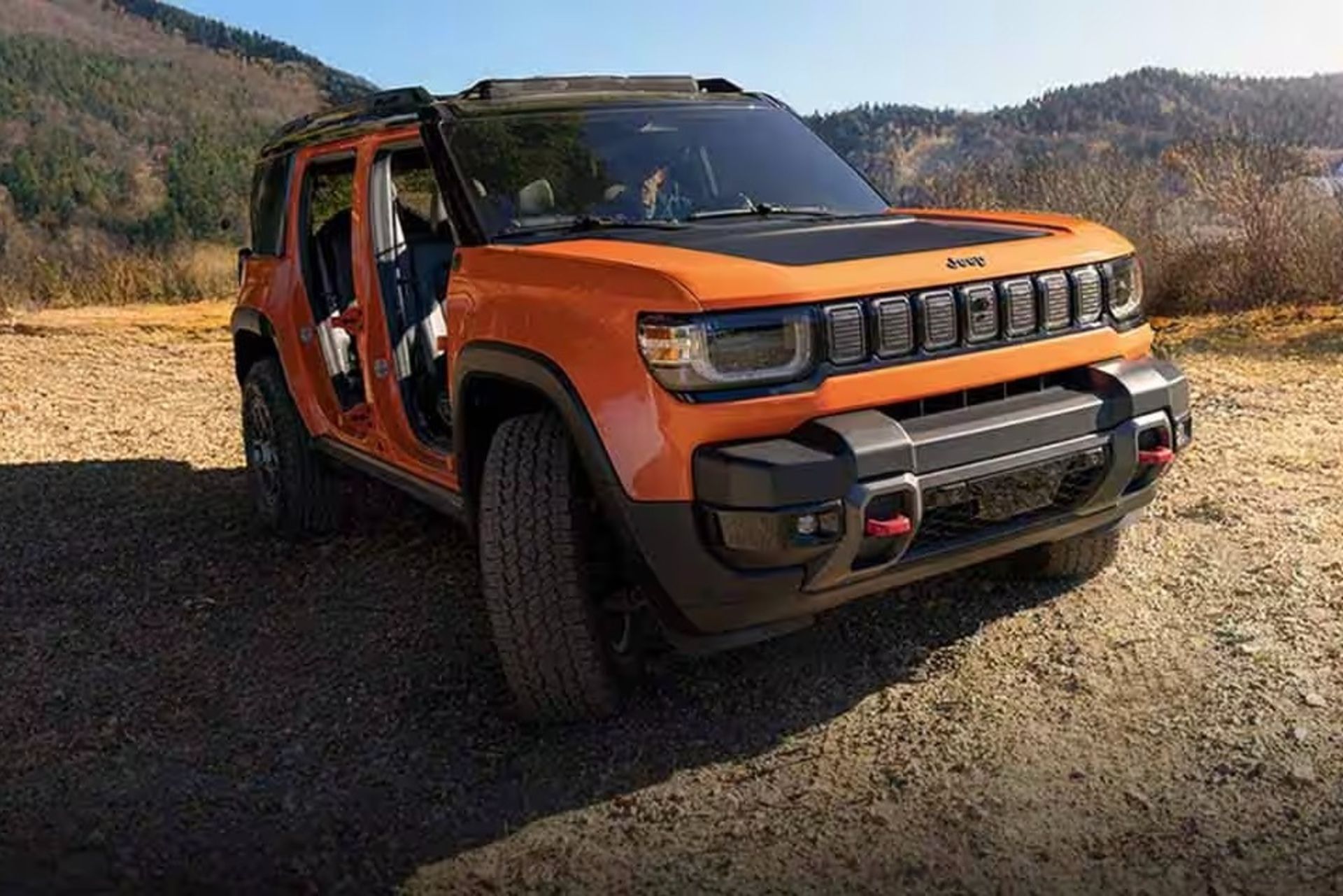 نمای سه‌چهارم جلو خودرو برقی جیپ ریکان / Recon