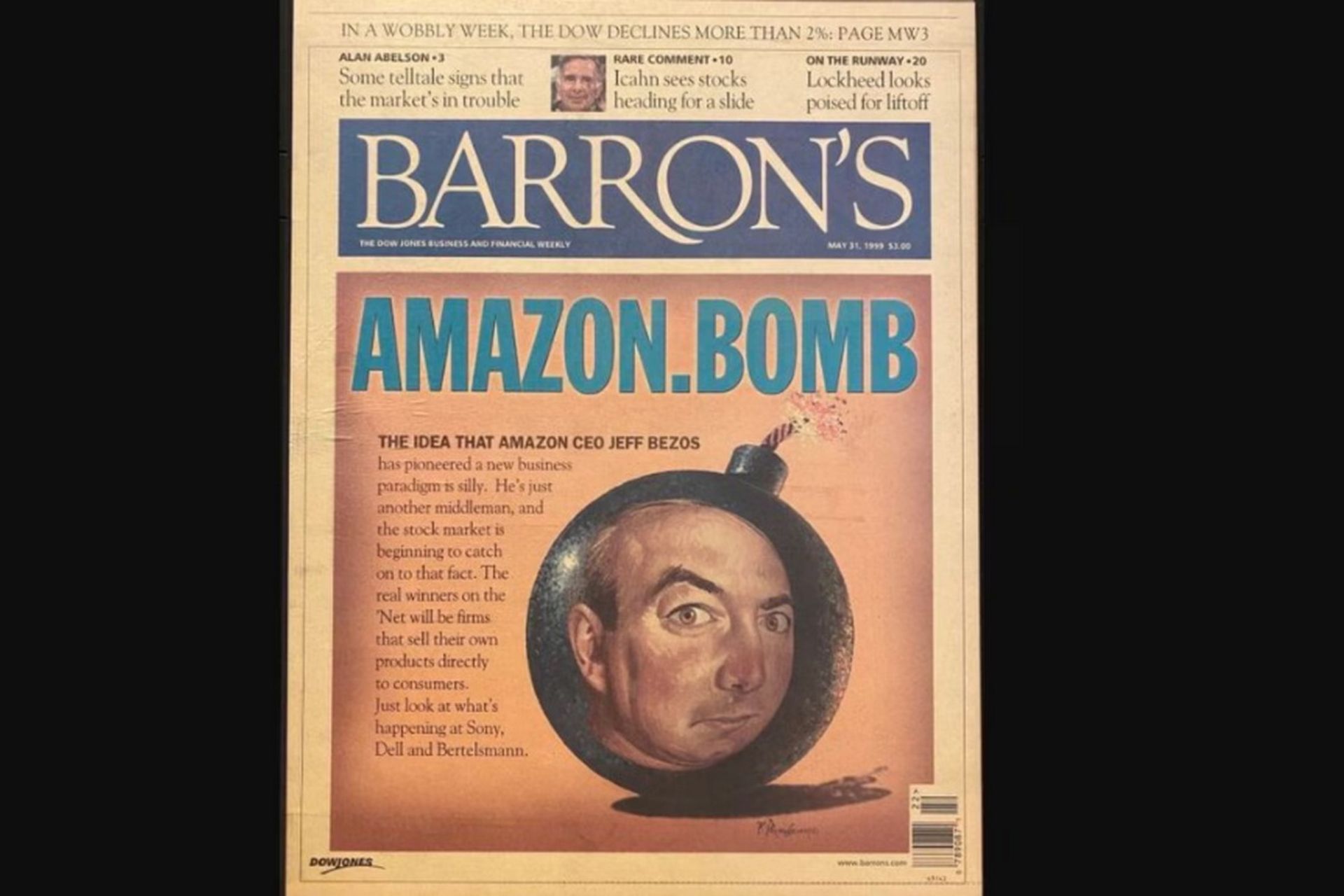 Barron's magazine cartoon of Jeff Bezos titled The Amazon Bomb