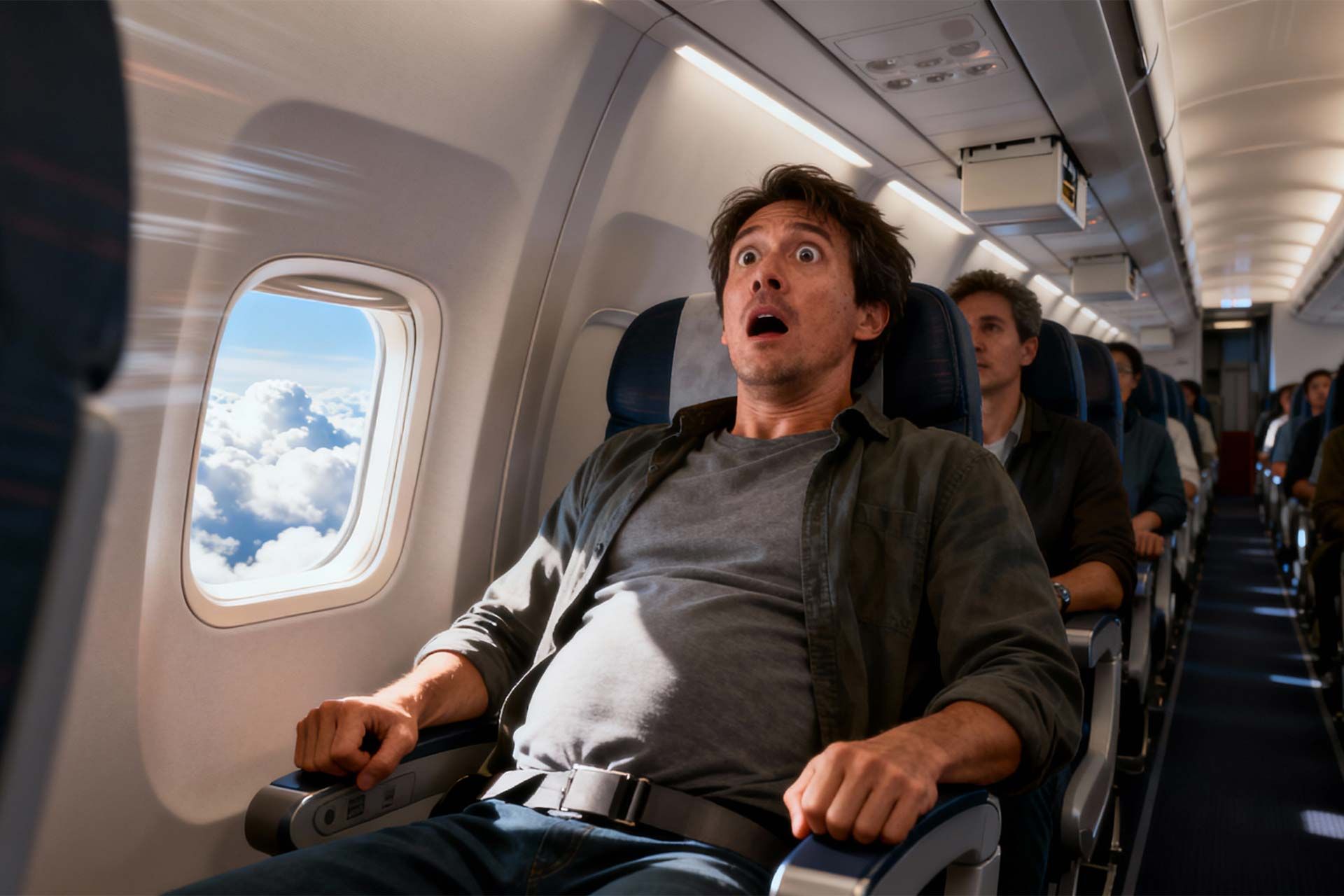مرد جوان روی صندلی هواپیما کنار پنجره نشسته و چهره متعجب دارد