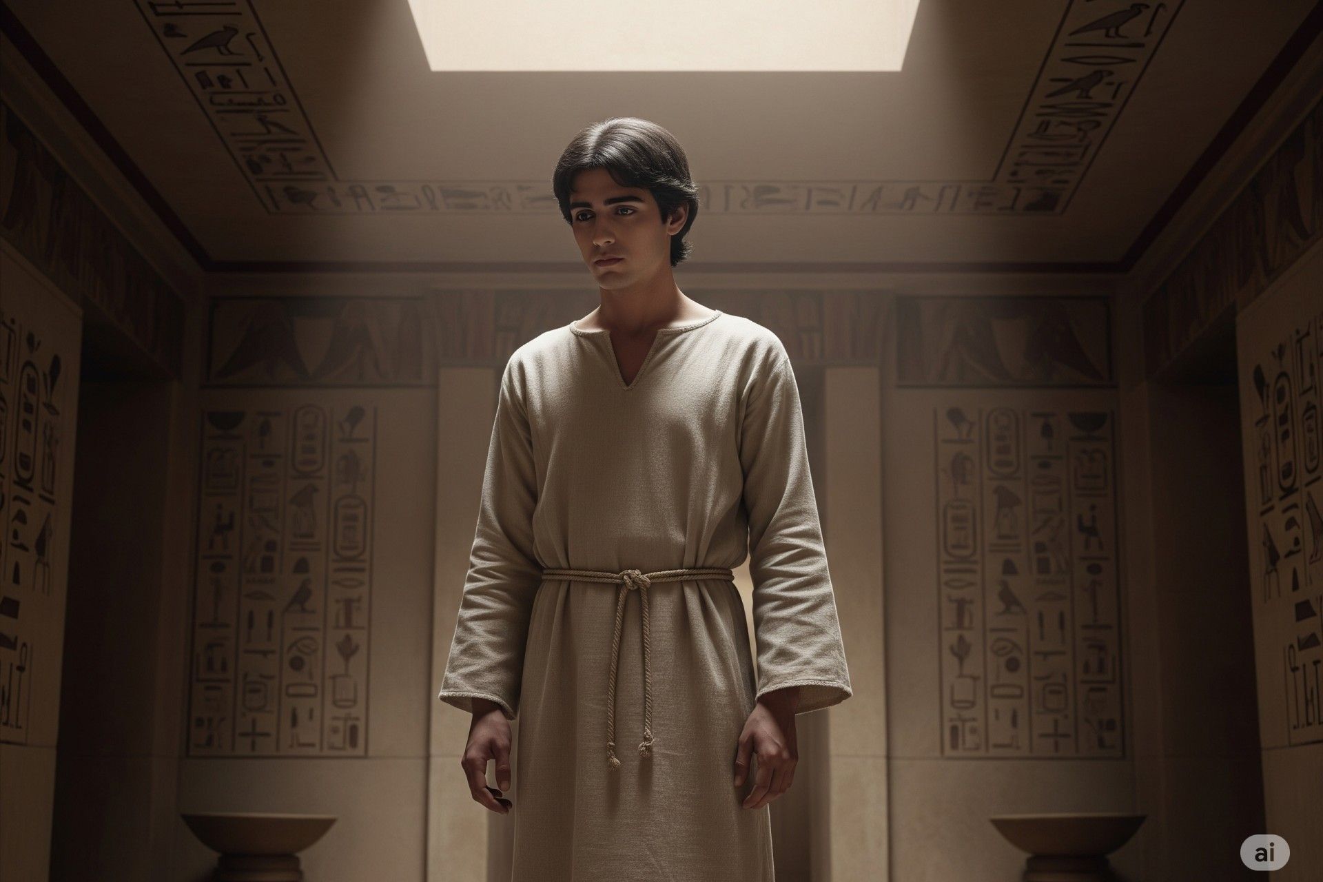 یک مرد جوان با لباس سفید تاریخی در یک معبد