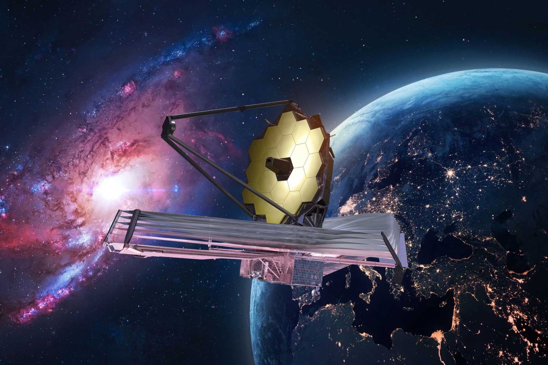 تلسکوپ فضایی جیمز وب با پس‌زمینه کهکشان و سیاره زمین
