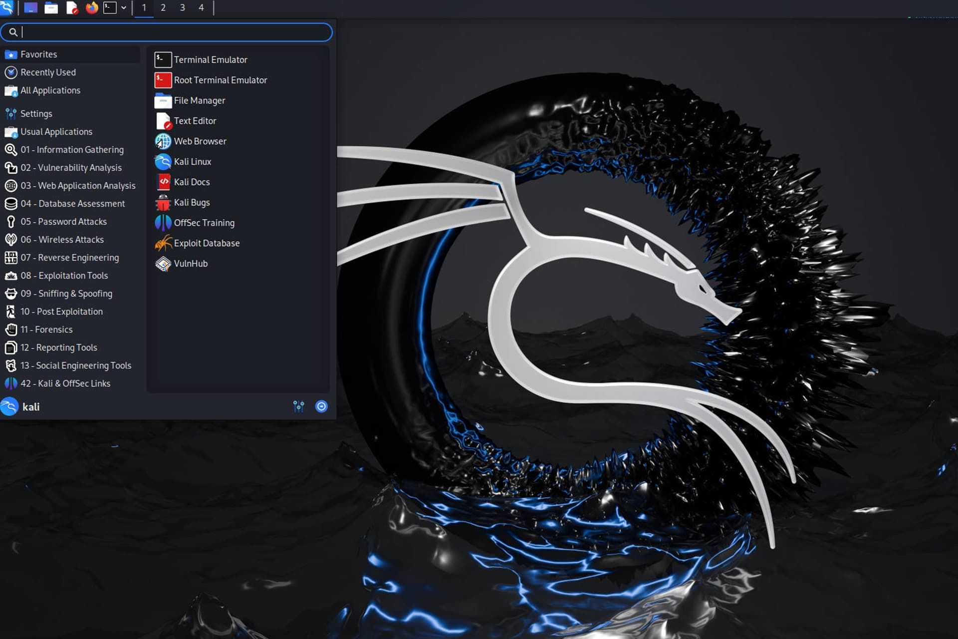 نمایی از دسکتاپ در توزیع Kali Linux