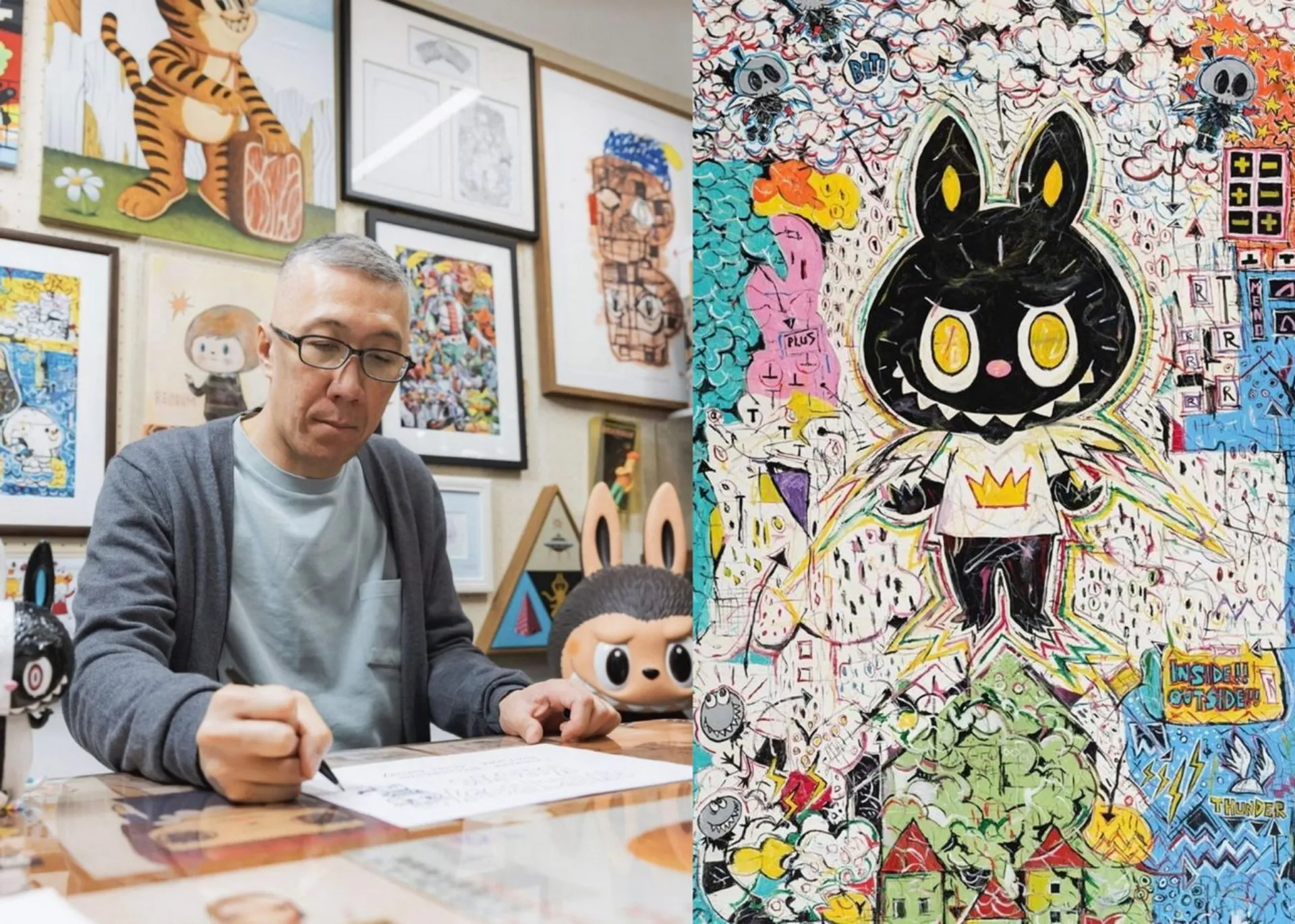 کاسینگ لونگ طراح عروسک‌های لبوبو در کنار دیواری با طراحی یک هیولای سیاه