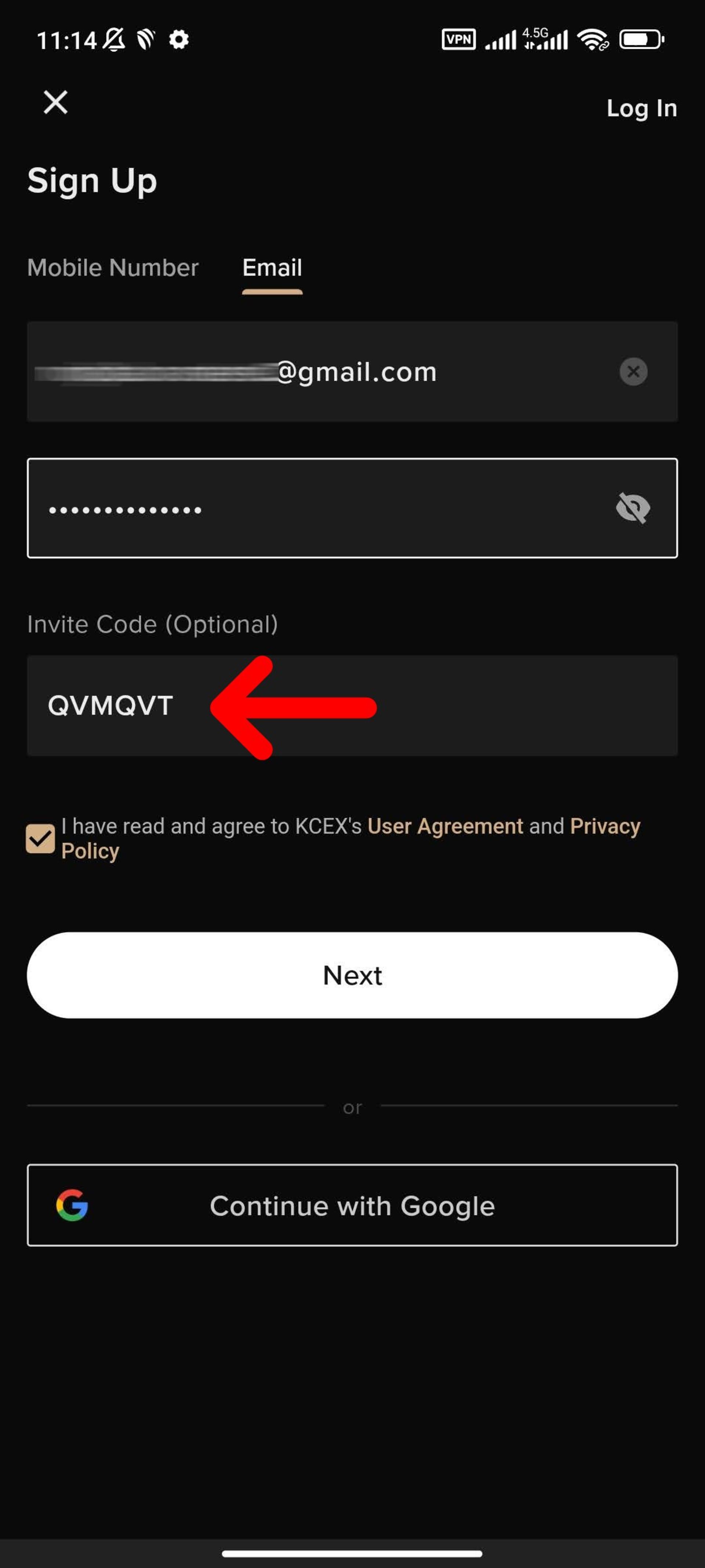 صفحه ثبت نام با ایمیل KCEX