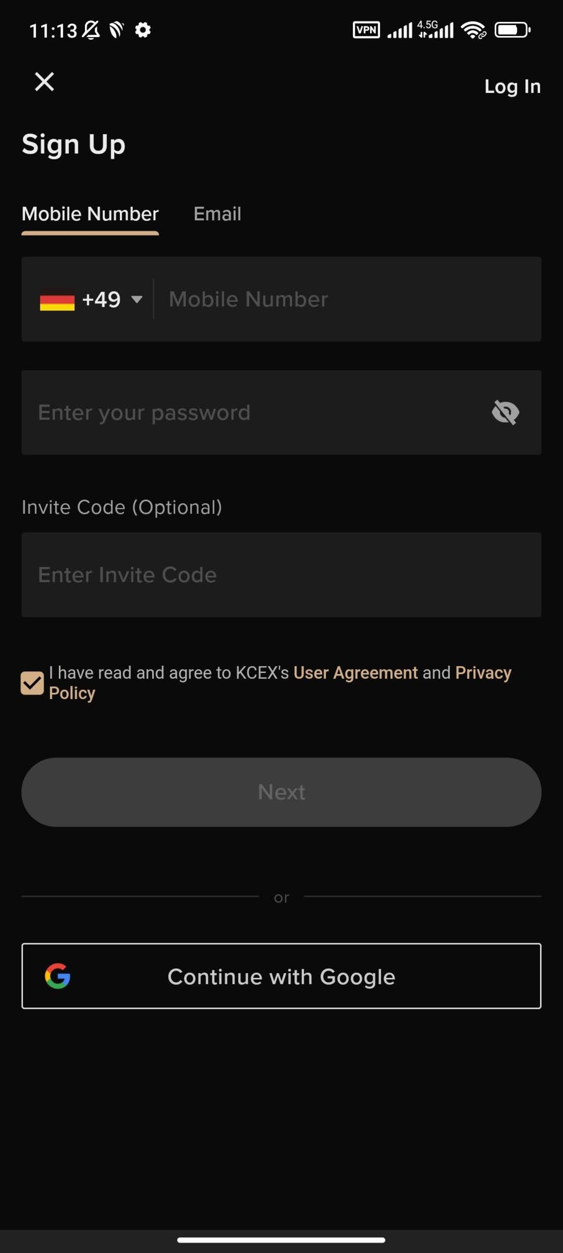 صفحه ثبت نام KCEX