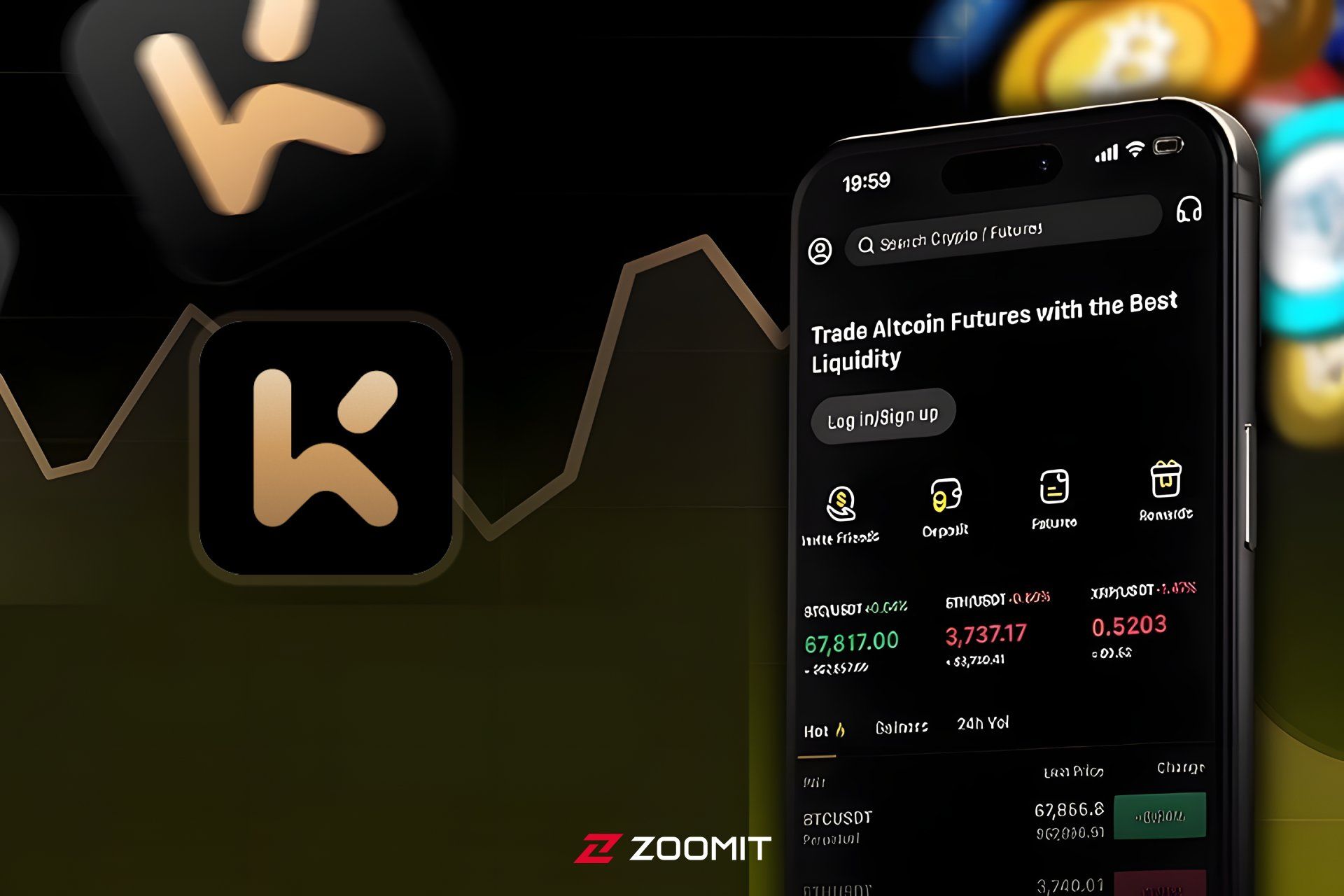 صرافی KCEX روی گوشی با پس زمینه مشکی و زرد