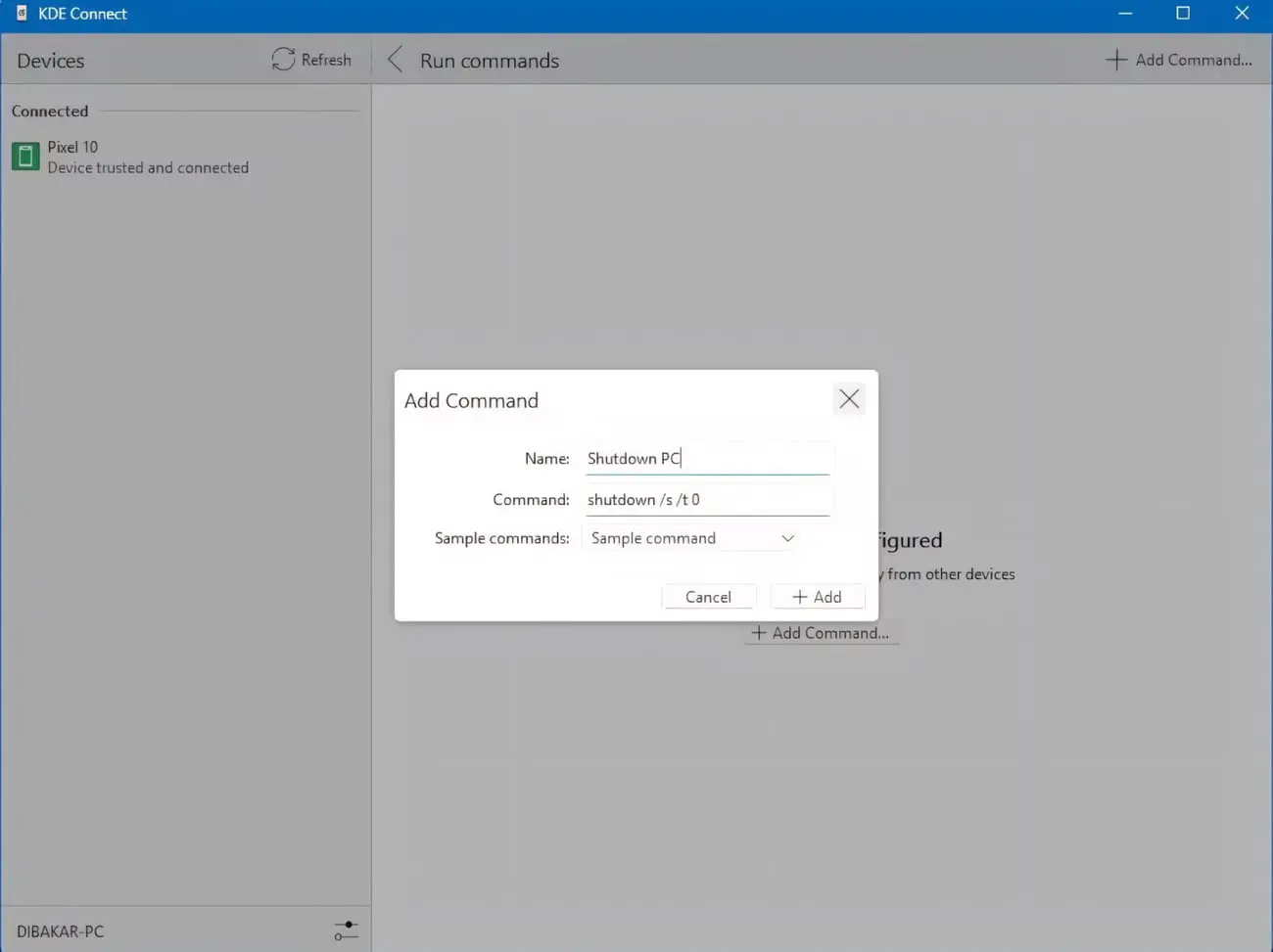 پنجره افزودن دستور جدید در نرم‌افزار KDE Connect (KDE Connect) برای مدیریت سیستم