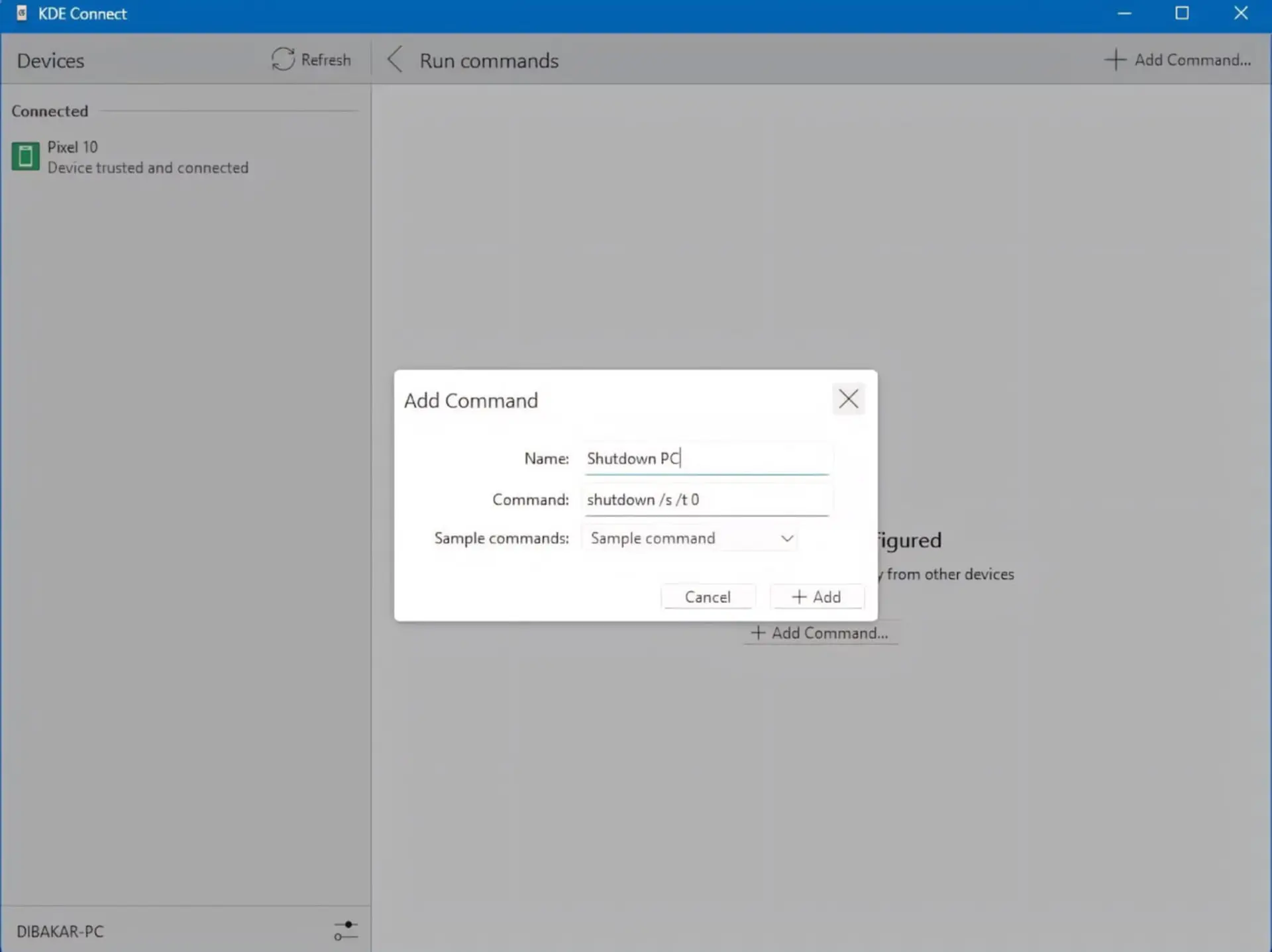 پنجره افزودن دستور جدید در نرمافزار KDE Connect (KDE Connect) برای مدیریت سیستم