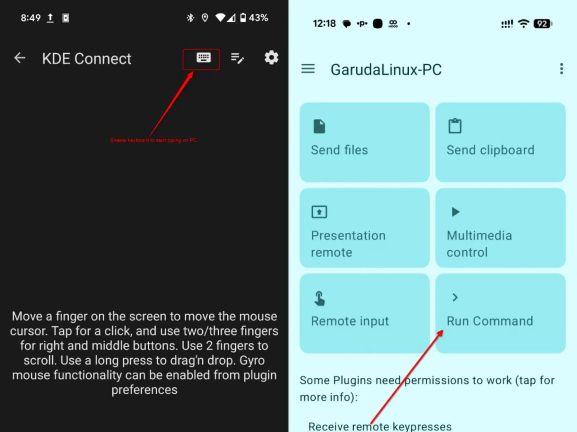 نمای دو گوشی اندرویدی که برنامه KDE Connect (کیدیئی کانکت) را نمایش میدهند