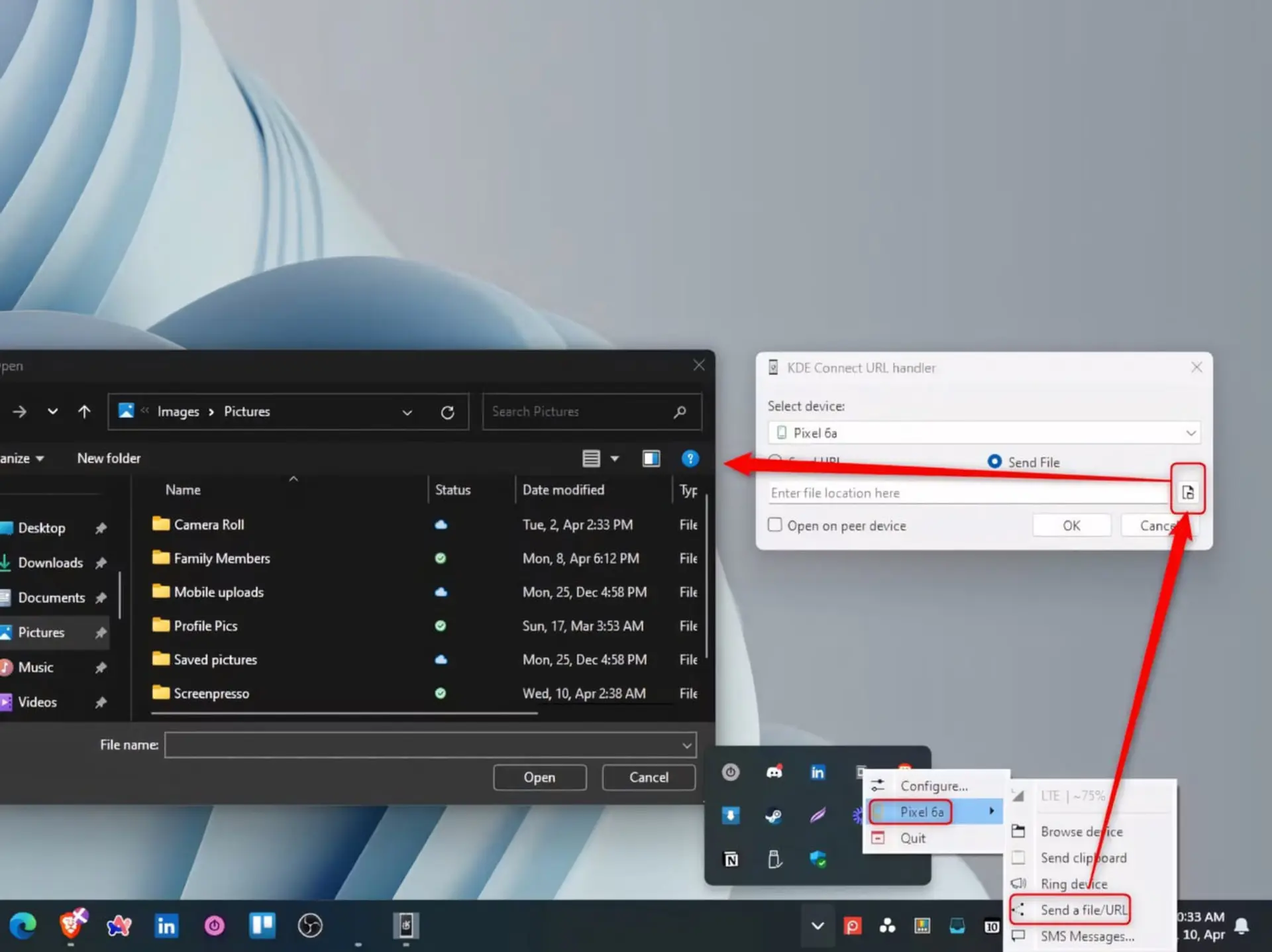 پنجره مدیریت فایل و ابزار KDE Connect (KDE Connect) برای انتقال داده