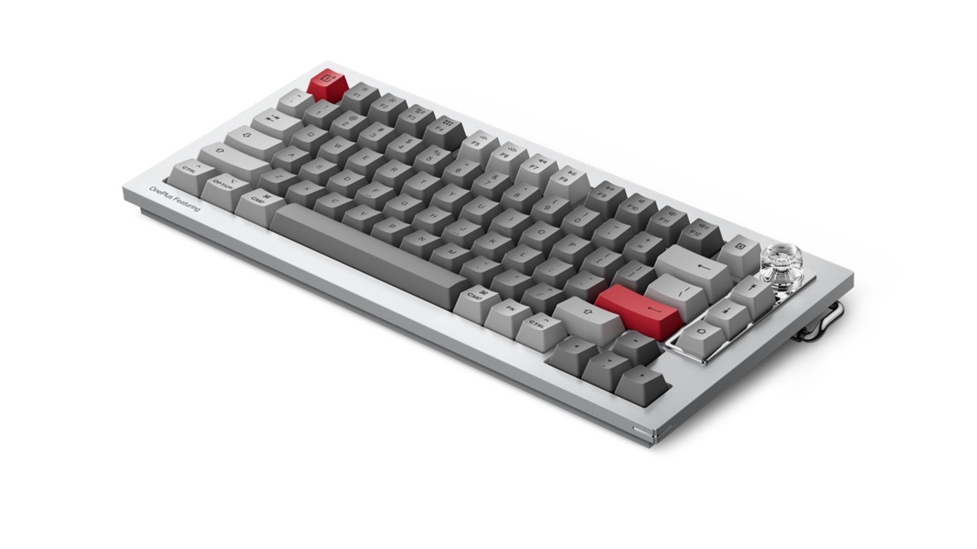 کیبورد OnePlus Featuring Keyboard 81 Pro از نمای کنار به رنگ طوسی  و سفید و قرمز