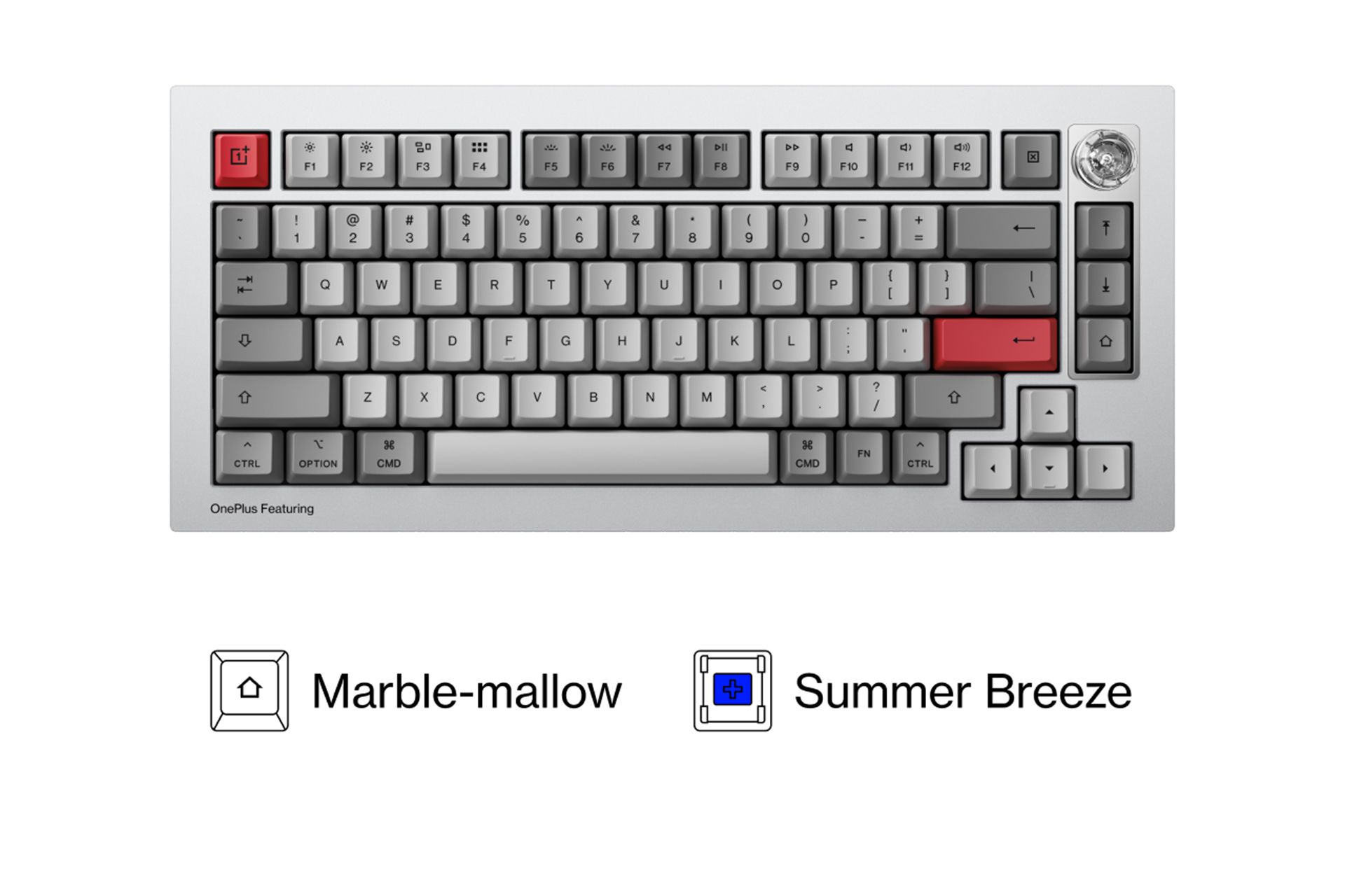 کیبورد OnePlus Featuring Keyboard 81 Pro از نمای بالا به رنگ طوسی، سفید و قرمز